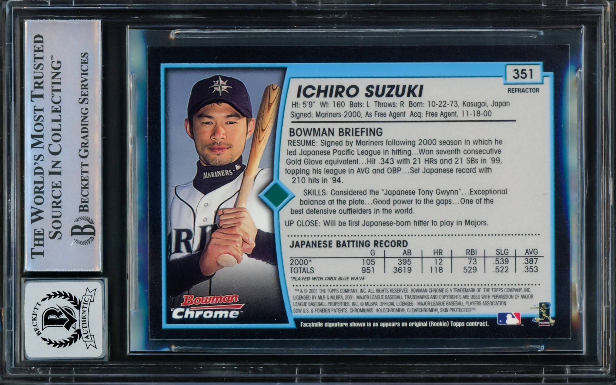 Ichiro Suzuki Autographed 2001 Bowman Chrome Refractor Rookie Card #351 Seattle Mariners Auto Grade Gem Mint 10 "01 ROY/MVP" Beckett BAS #15093557 - Image 2