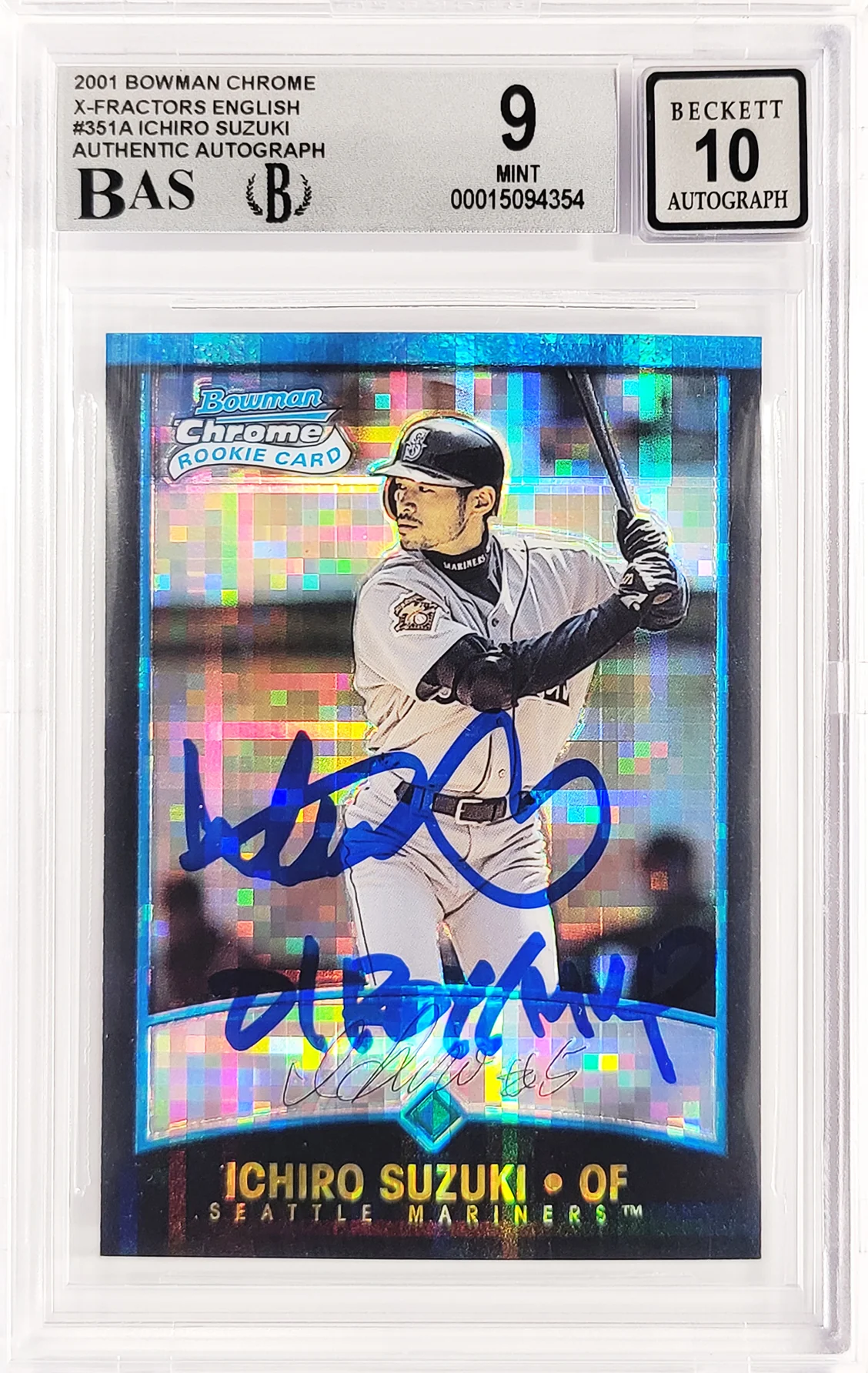 Ichiro Suzuki Autographed 2001 Bowman Chrome X-Fractor English Rookie Card #351A Seattle Mariners BGS 9 Auto Grade Gem Mint 10 "01 ROY/MVP" Beckett BAS #15094354 - Image 2