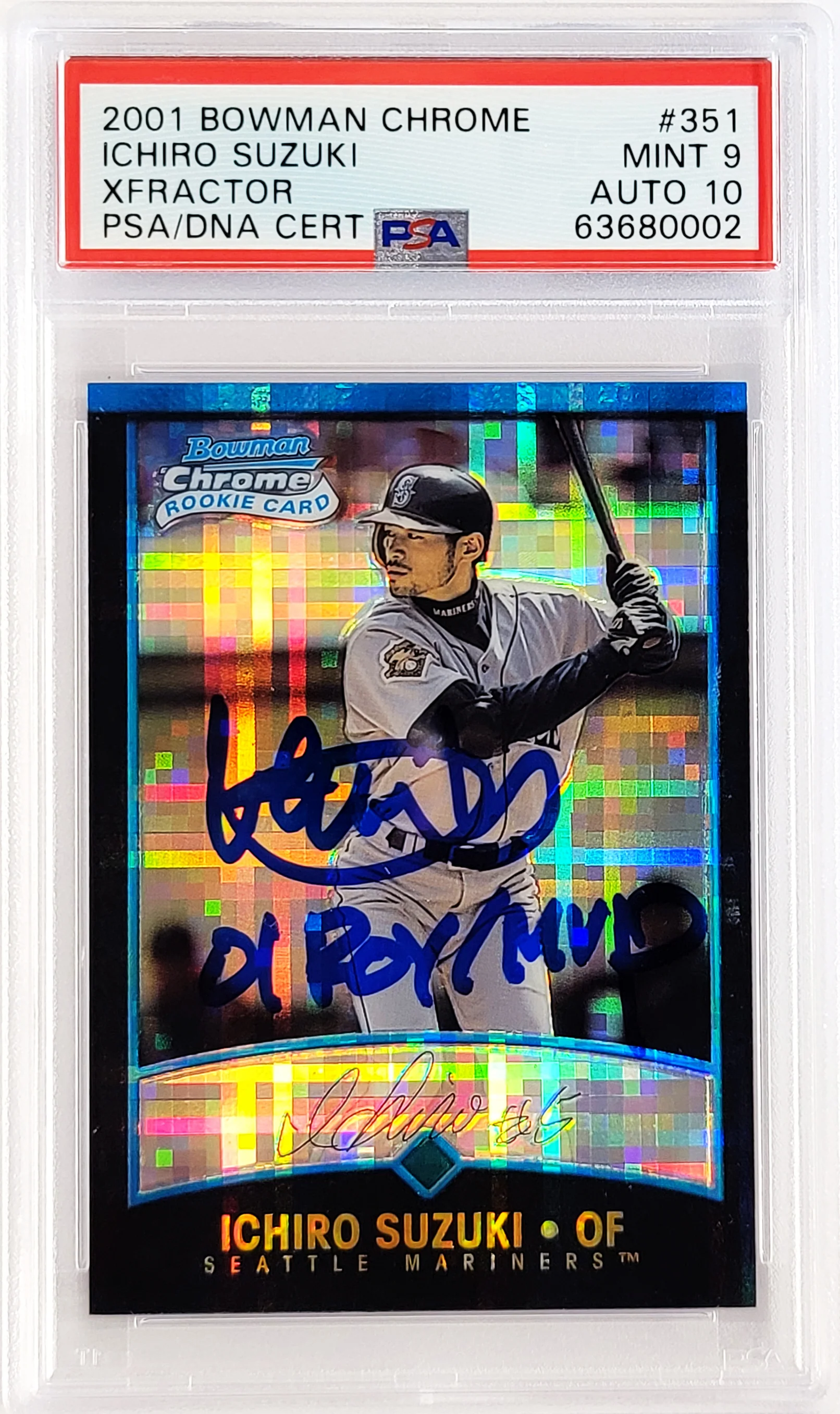Ichiro Suzuki Autographed 2001 Bowman Chrome XFractor Rookie Card #351 Seattle Mariners PSA 9 Auto Grade Gem Mint 10 "01 ROY MVP" Highest Graded PSA/DNA #63680002 - Image 2