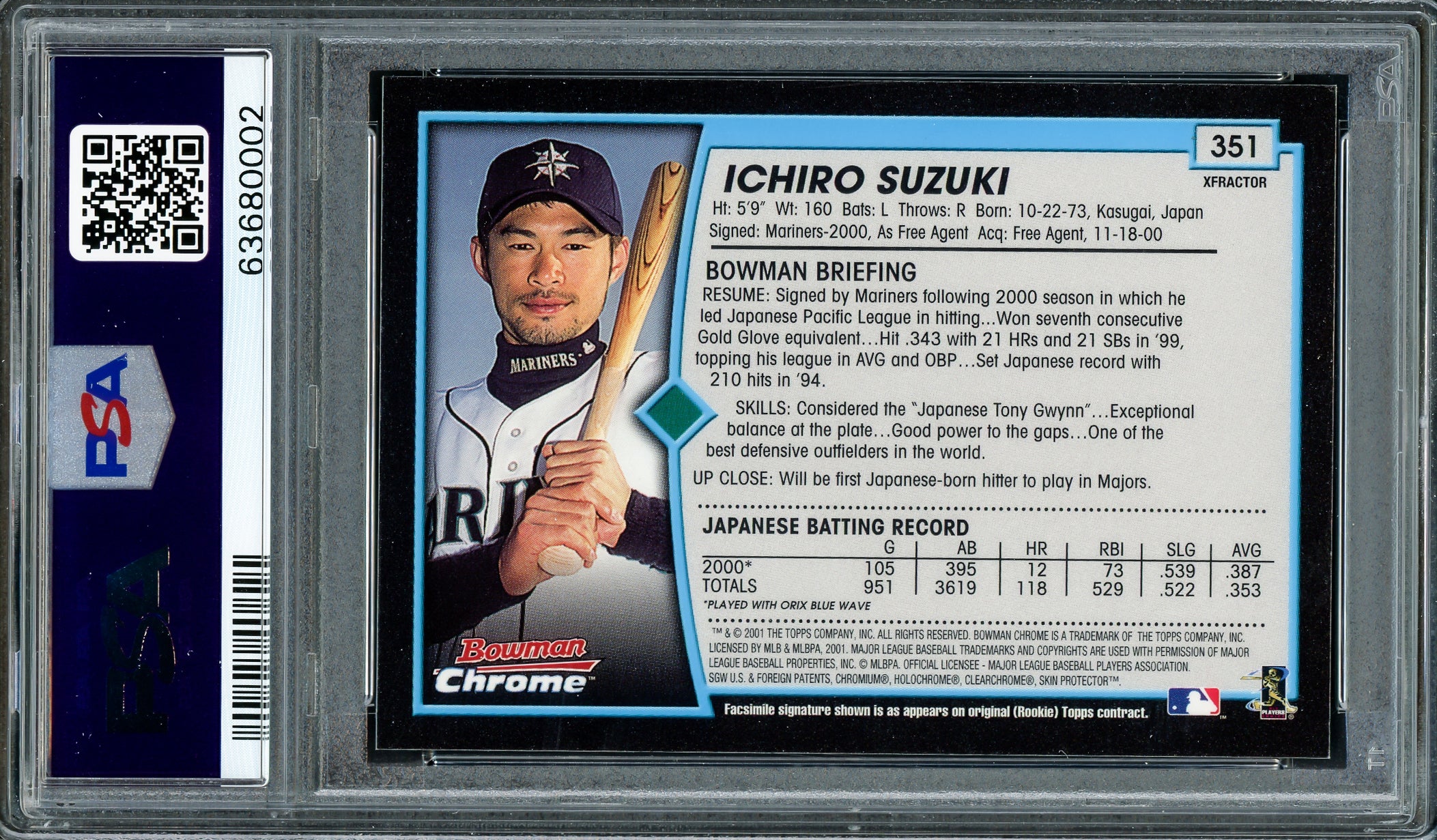 Ichiro Suzuki Autographed 2001 Bowman Chrome XFractor Rookie Card #351 Seattle Mariners PSA 9 Auto Grade Gem Mint 10 "01 ROY MVP" Highest Graded PSA/DNA #63680002 - Image 4