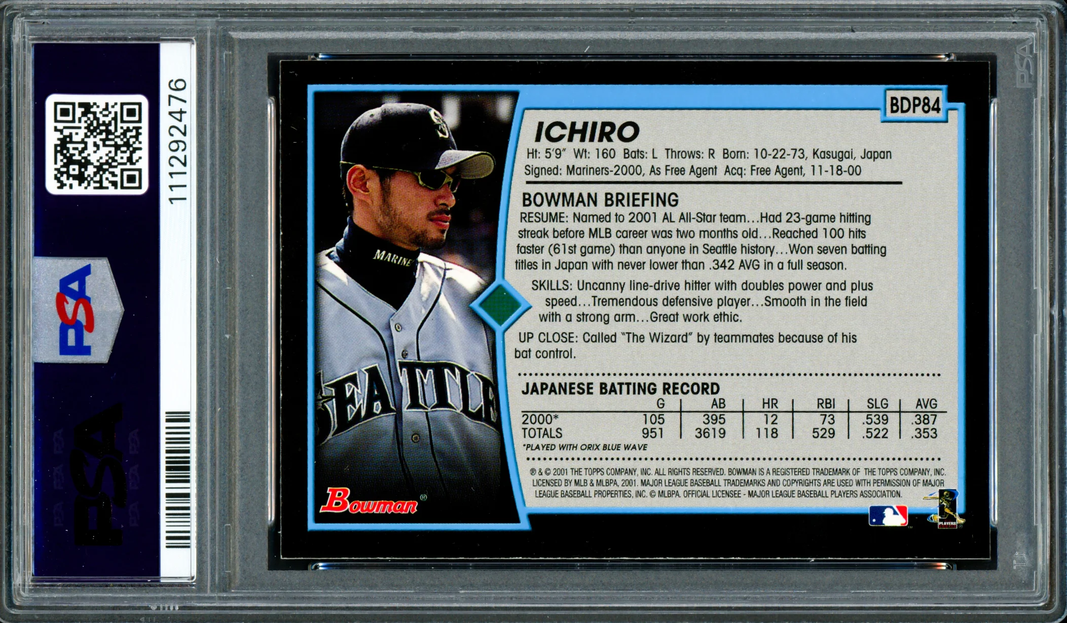 Ichiro Suzuki Autographed 2001 Bowman Draft Picks Rookie Card #84 Seattle Mariners PSA 7 Auto Grade Gem Mint 10 PSA/DNA #111292476 - Image 2