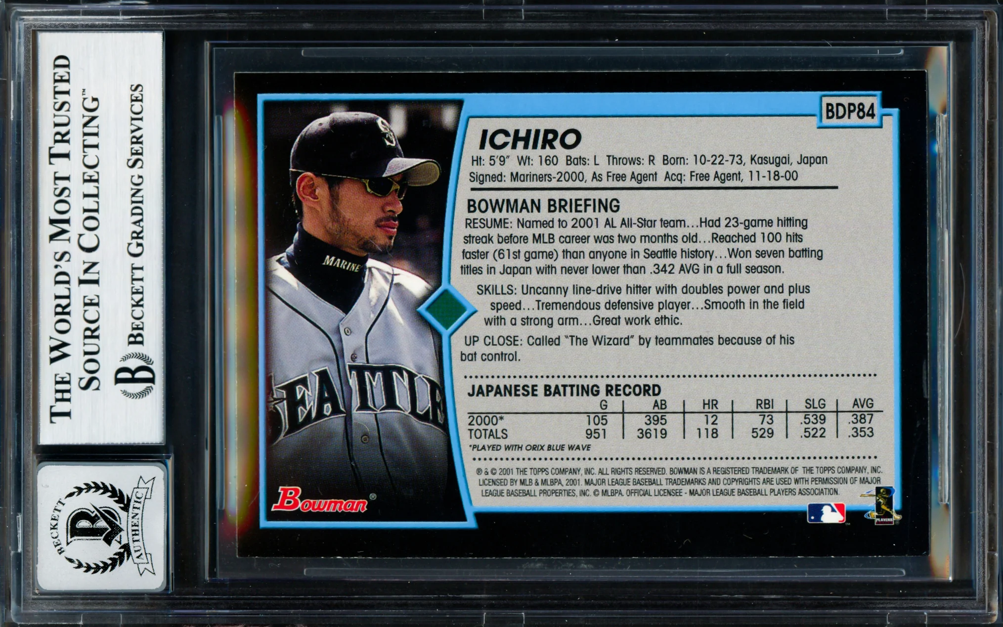 Ichiro Suzuki Autographed 2001 Bowman Draft Picks Rookie Card #BDP84 Seattle Mariners Auto Grade Gem Mint 10 Beckett BAS #18282944 - Image 2
