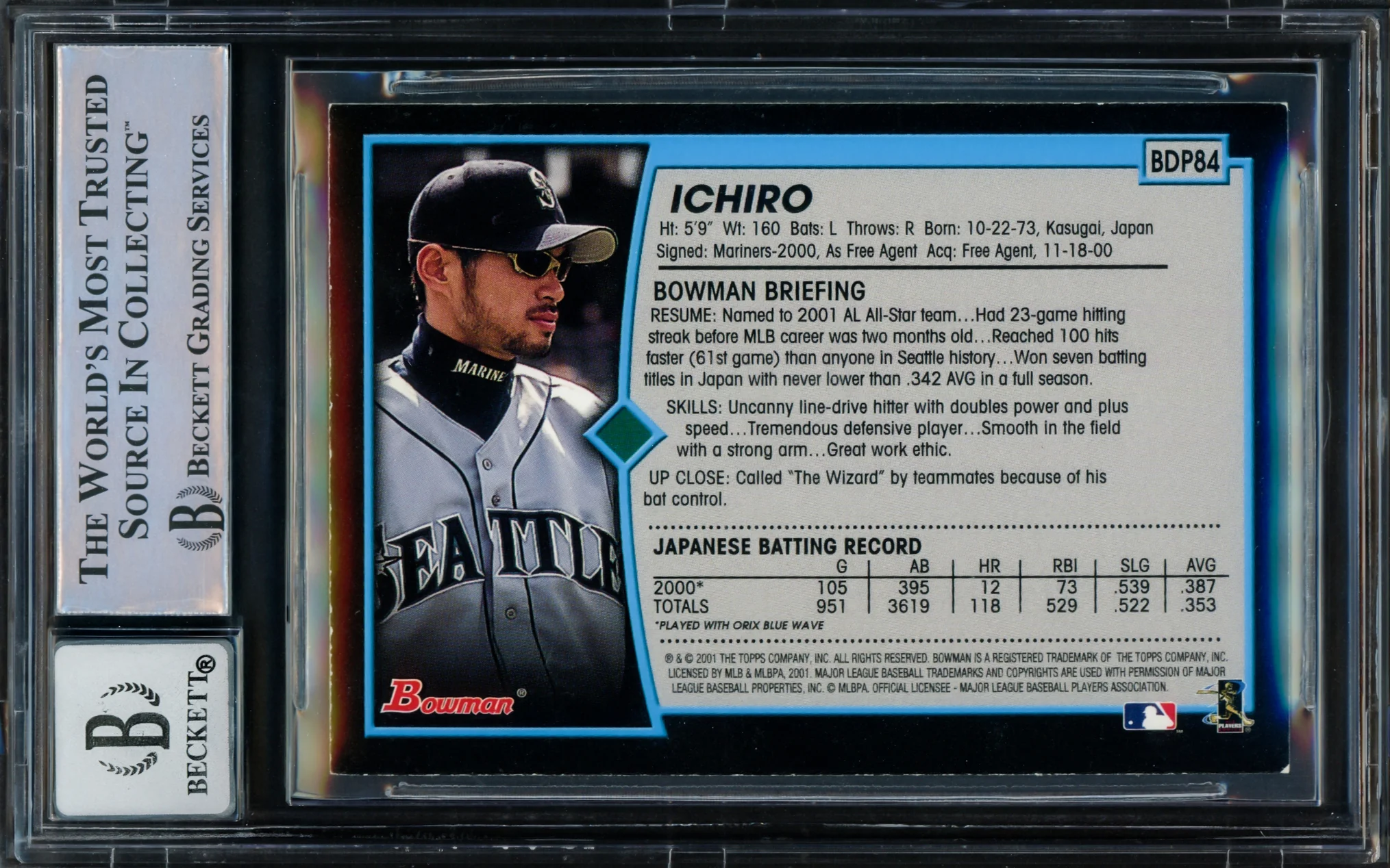 Ichiro Suzuki Autographed 2001 Bowman Draft Picks Rookie Card #BDP84 Seattle Mariners Auto Grade Gem Mint 10 Beckett BAS Stock #216429 - Image 2