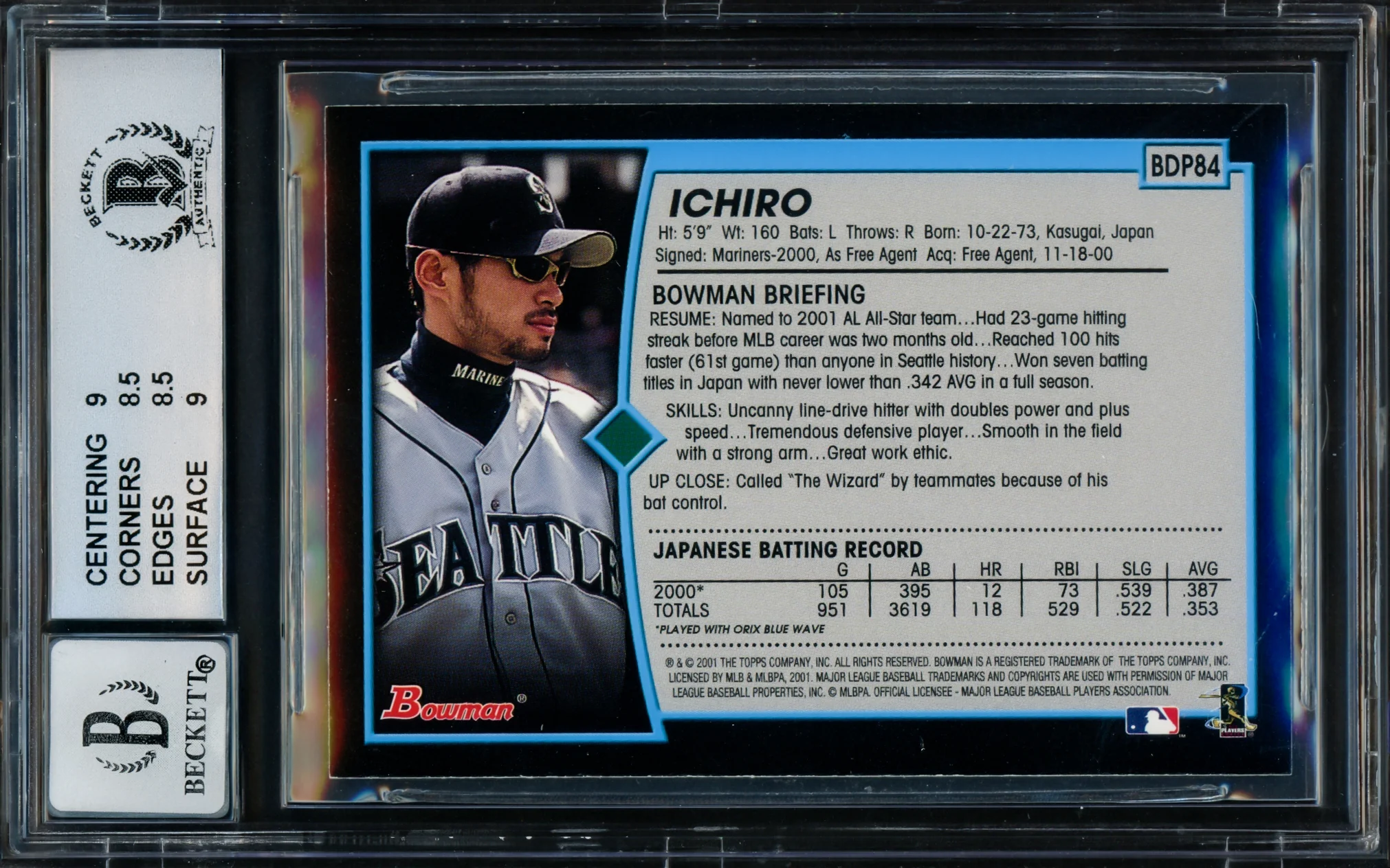 Ichiro Suzuki Autographed 2001 Bowman Draft Picks Rookie Card #BDP84 Seattle Mariners BGS 8.5 Auto Grade Gem Mint 10 Beckett BAS Stock #216428 - Image 2