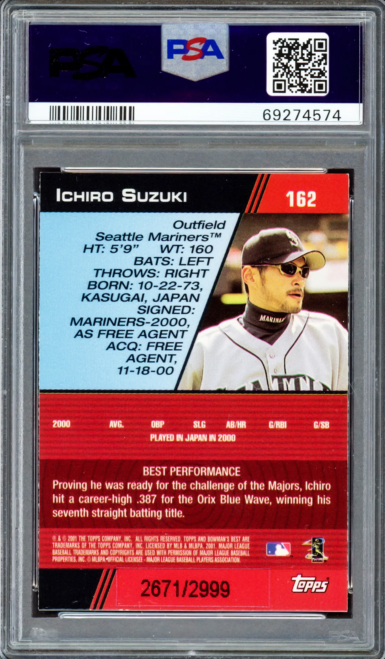 Ichiro Suzuki Autographed 2001 Bowman's Best Rookie Card #162 Seattle Mariners "01 ROY/MVP" #2671/2999 PSA/DNA #69274574 - Image 4
