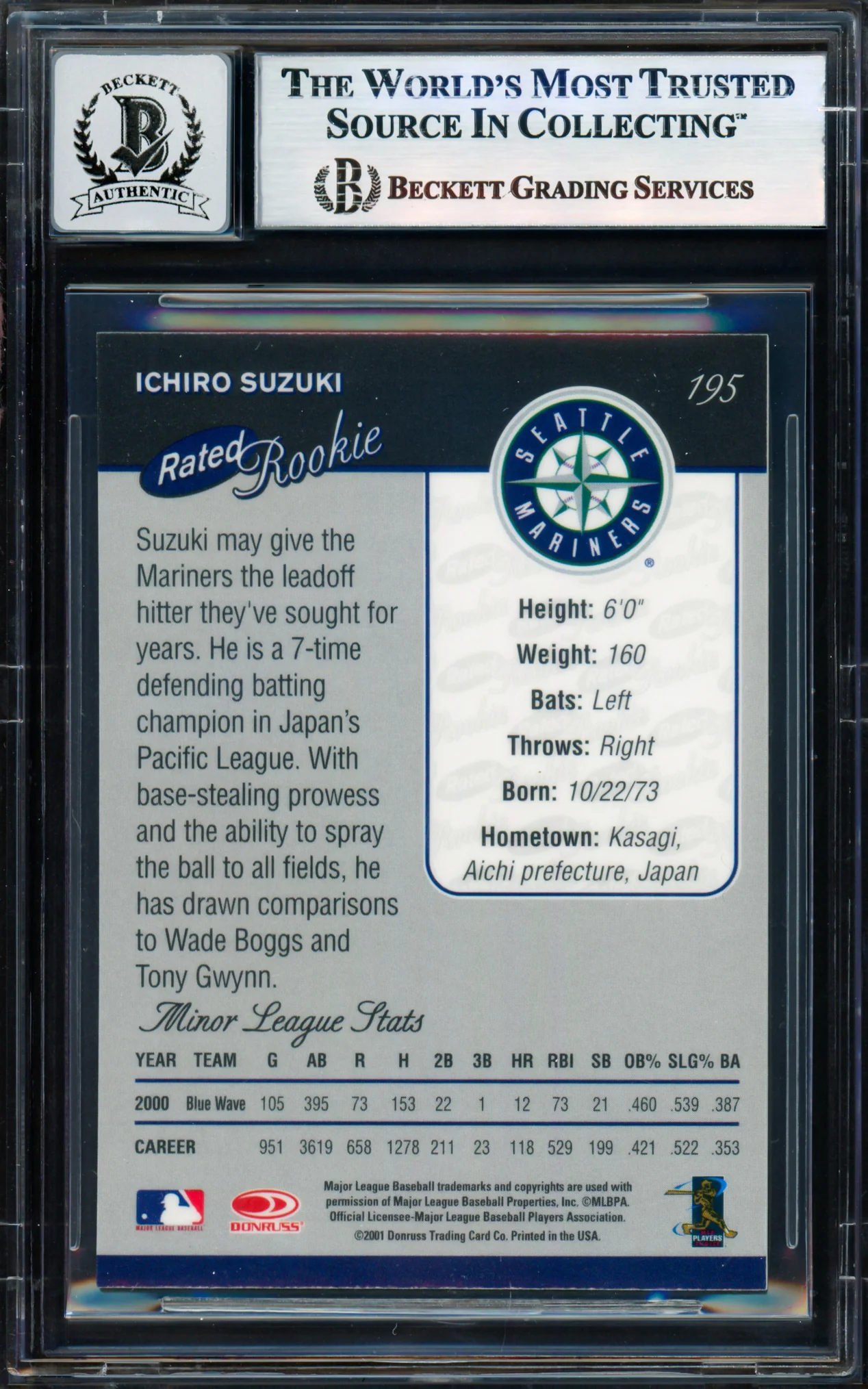 Ichiro Suzuki Autographed 2001 Donruss Baseball's Best Silver Card #195 Seattle Mariners Auto Grade Gem Mint 10 Beckett BAS #17855934 - Image 2