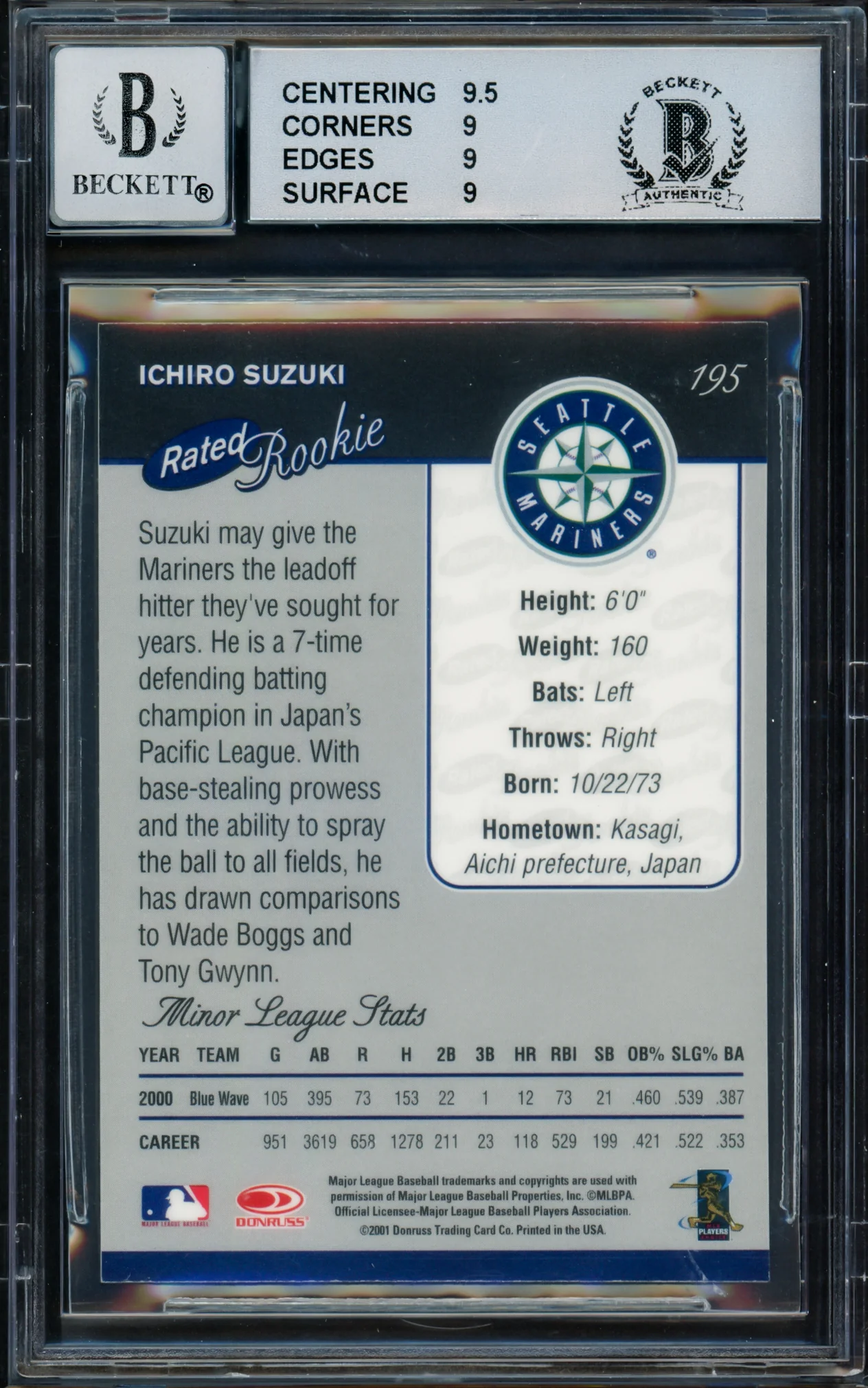 Ichiro Suzuki Autographed 2001 Donruss Baseball's Best Silver Rookie Card #195 Seattle Mariners BGS 9 Auto Grade Gem Mint 10 Beckett BAS #15681283 - Image 2