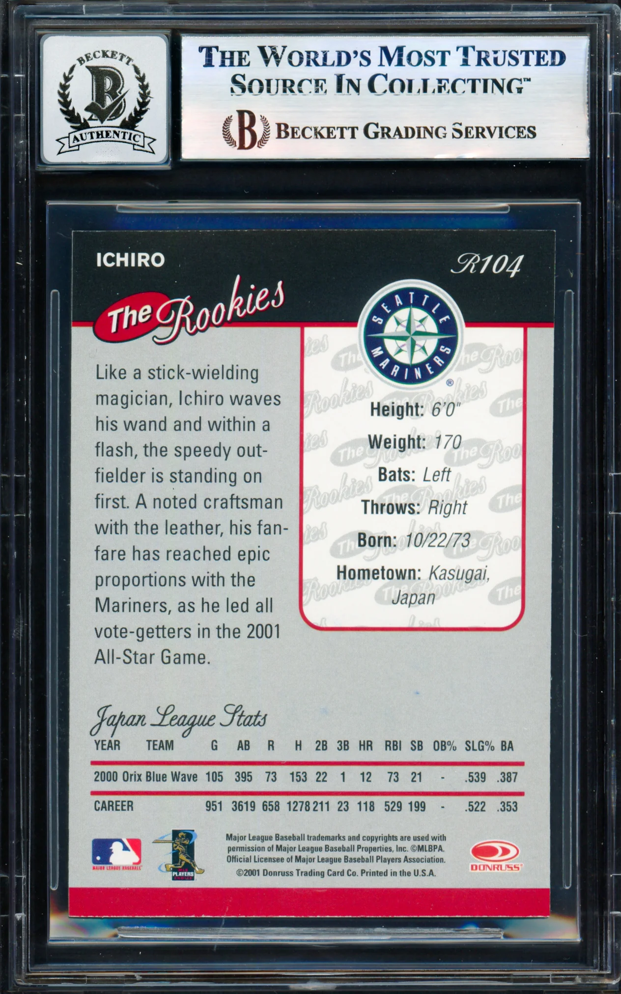 Ichiro Suzuki Autographed 2001 Donruss Card #R104 Seattle Mariners Auto Grade Gem Mint 10 Beckett BAS #17855926 - Image 2