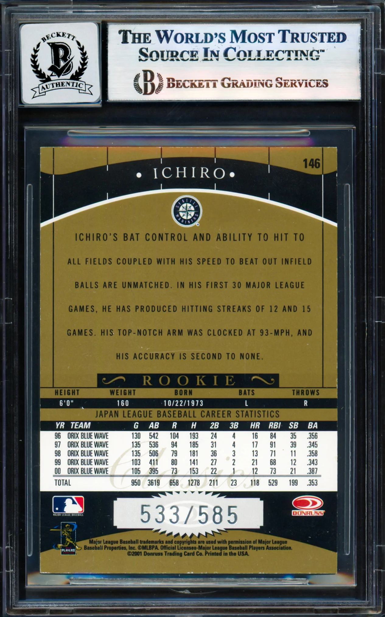 Ichiro Suzuki Autographed 2001 Donruss Classics Card #146 Seattle Mariners Auto Grade Gem Mint 10 #533/585 Beckett BAS #17855935 - Image 2