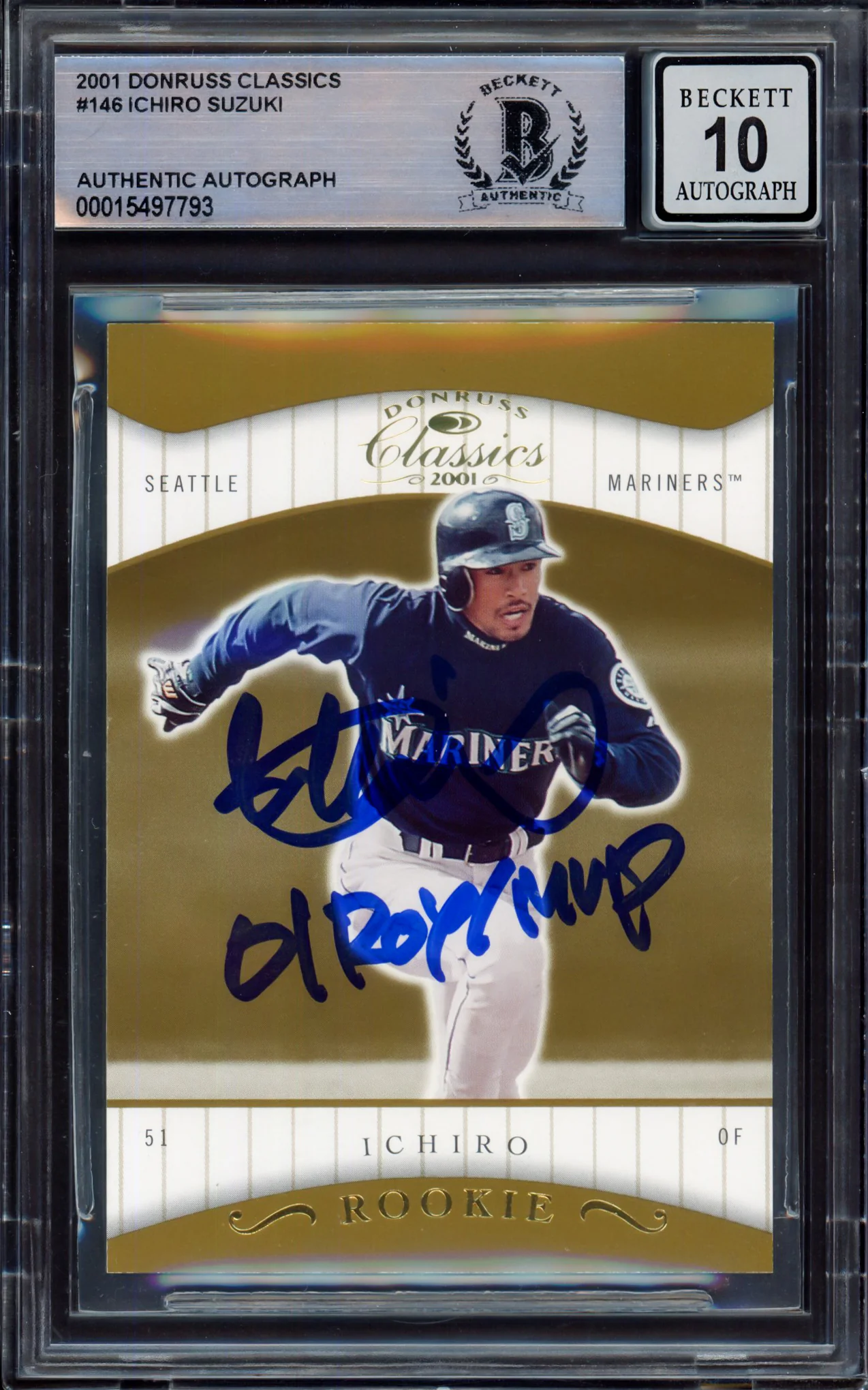 Ichiro Suzuki Autographed 2001 Donruss Classics Rookie Card #146 Seattle Mariners Auto Grade Gem Mint 10 "01 ROY/MVP" #141/585 Beckett BAS #15497793
