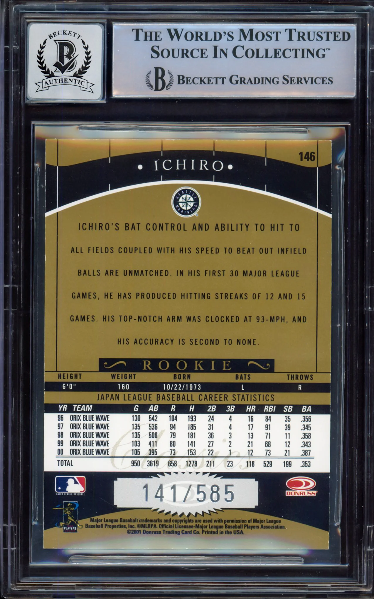 Ichiro Suzuki Autographed 2001 Donruss Classics Rookie Card #146 Seattle Mariners Auto Grade Gem Mint 10 "01 ROY/MVP" #141/585 Beckett BAS #15497793 - Image 2