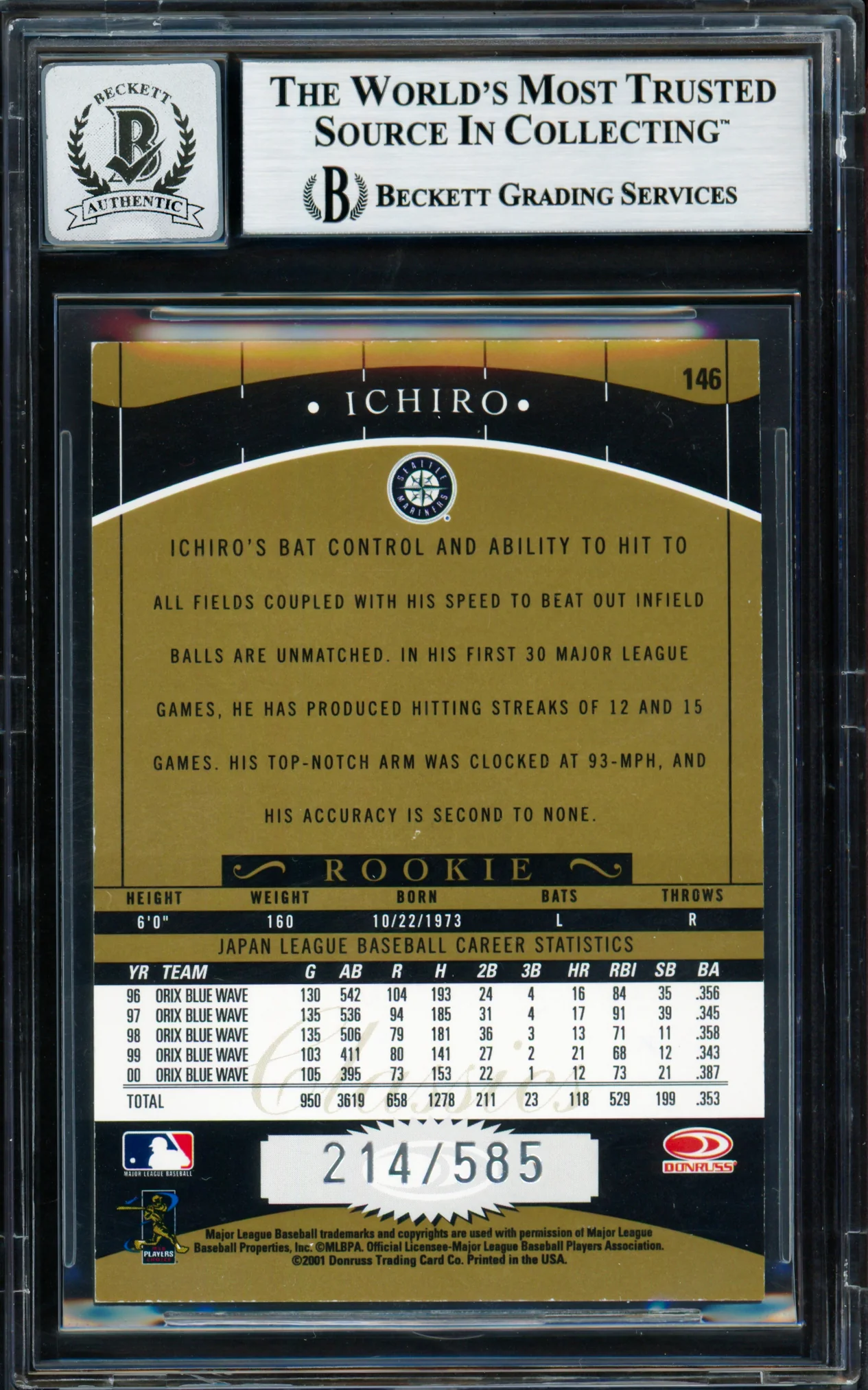 Ichiro Suzuki Autographed 2001 Donruss Classics Rookie Card #146 Seattle Mariners Auto Grade Gem Mint 10 #214/585 Beckett BAS #18282957 - Image 2