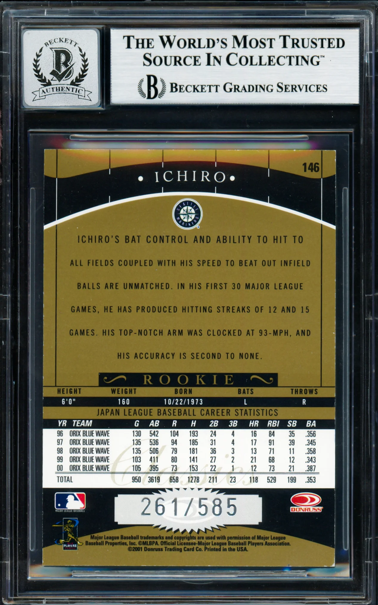 Ichiro Suzuki Autographed 2001 Donruss Classics Rookie Card #146 Seattle Mariners Auto Grade Gem Mint 10 #261/585 Beckett BAS #18282958 - Image 2