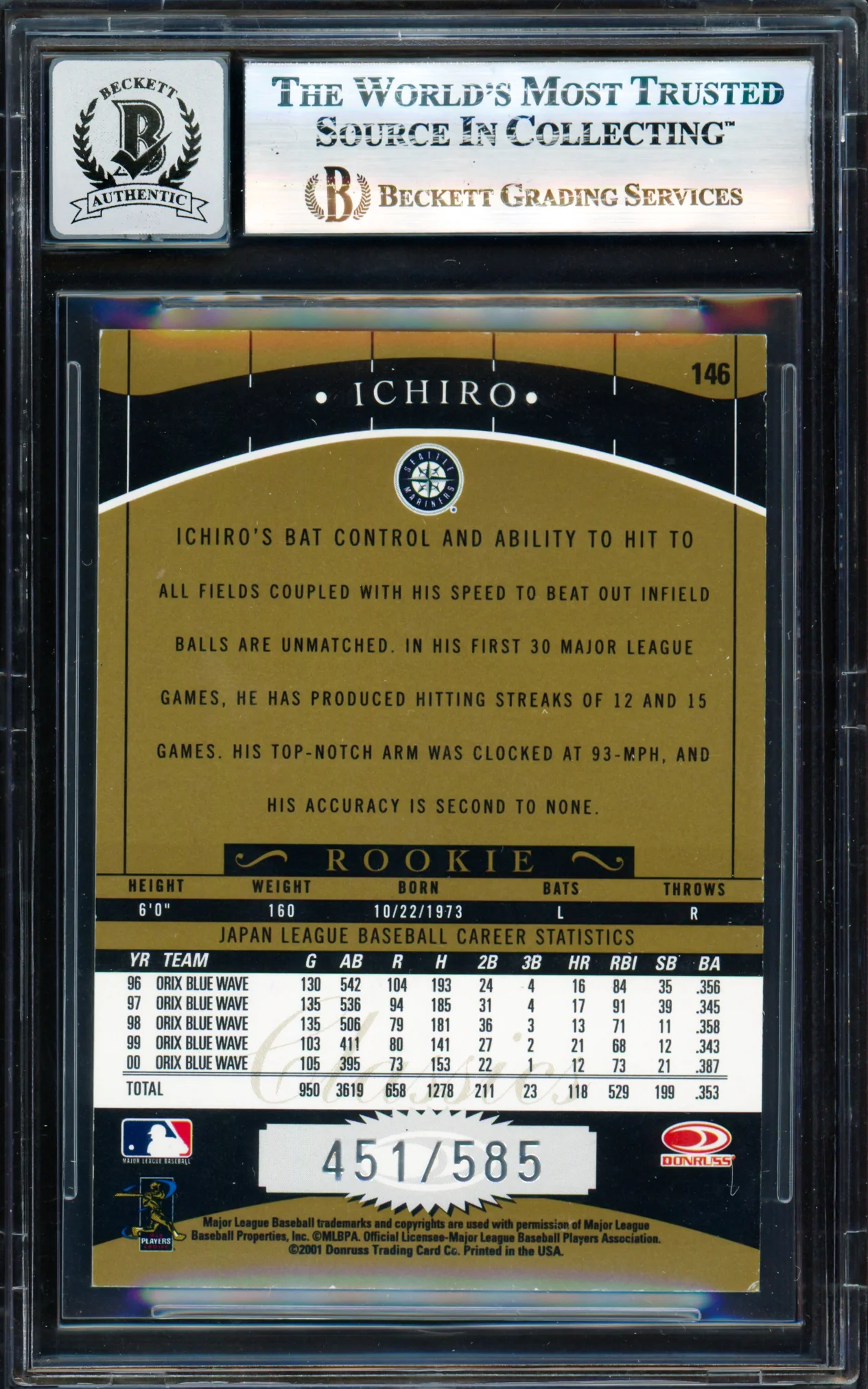 Ichiro Suzuki Autographed 2001 Donruss Classics Rookie Card #146 Seattle Mariners Auto Grade Gem Mint 10 #451/585 Beckett BAS #17830085 - Image 2