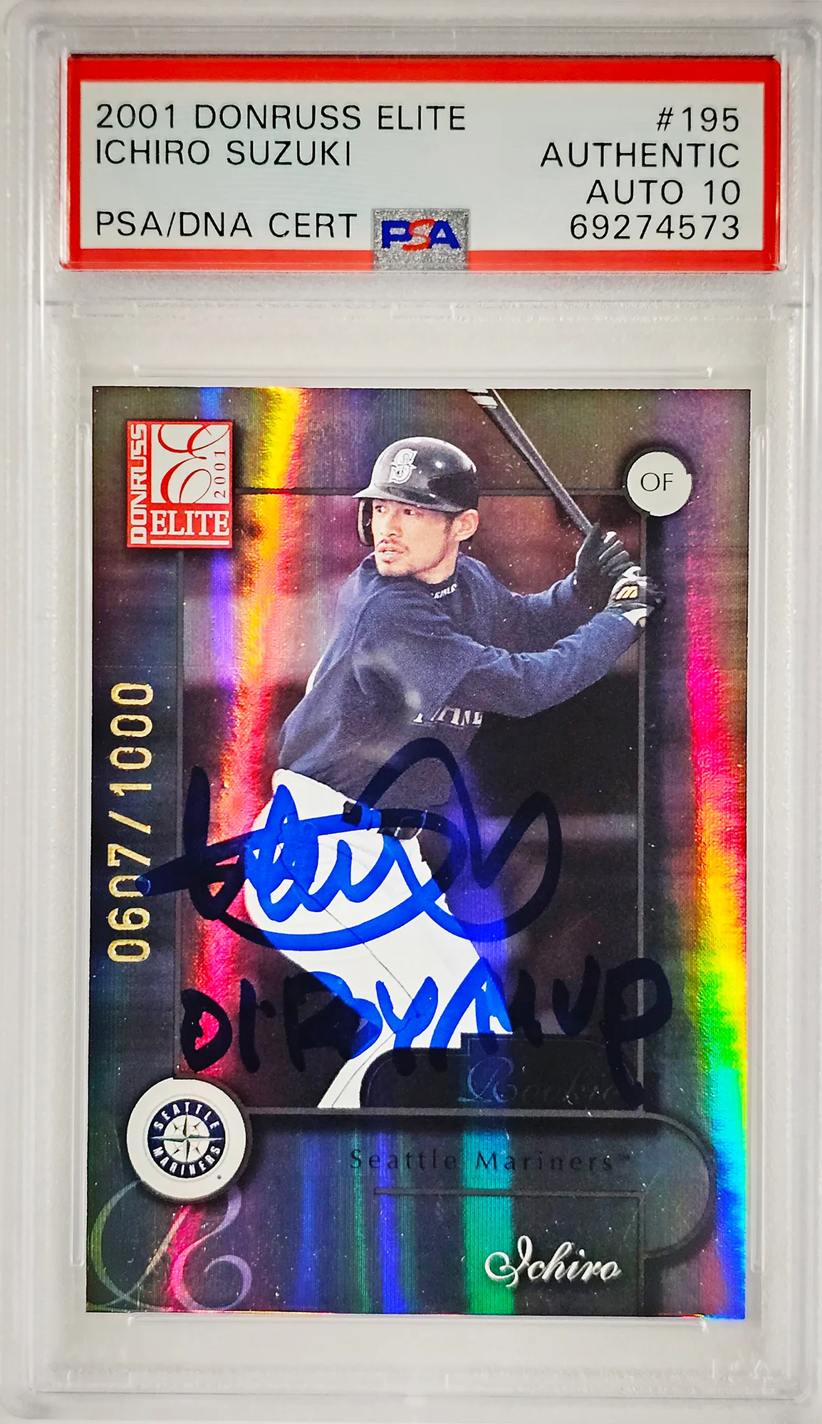 Ichiro Suzuki Autographed 2001 Donruss Elite Rookie Card #195 Seattle Mariners Auto Grade Gem Mint 10 "01 ROY/MVP" #607/1000 PSA/DNA #69274573 - Image 2