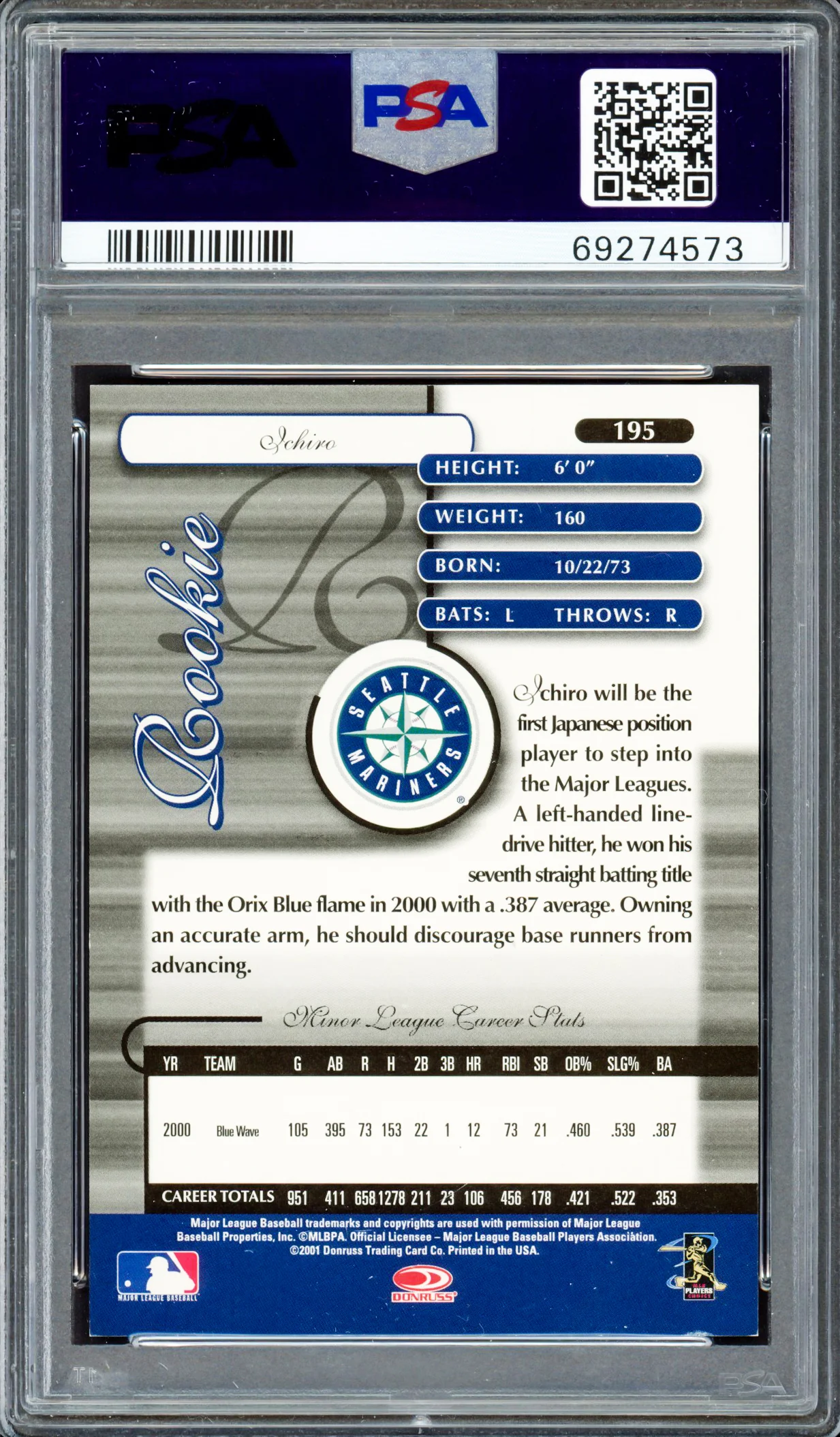Ichiro Suzuki Autographed 2001 Donruss Elite Rookie Card #195 Seattle Mariners Auto Grade Gem Mint 10 "01 ROY/MVP" #607/1000 PSA/DNA #69274573 - Image 4