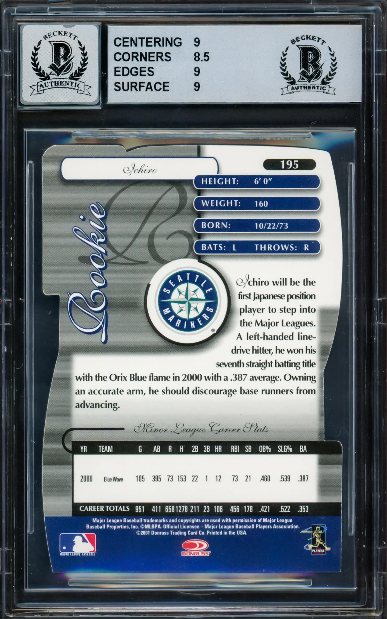 Ichiro Suzuki Autographed 2001 Donruss Elite Status Rookie Card #195 Seattle Mariners BGS 9 Auto Grade Gem Mint 10 "01 ROY/MVP" Beckett BAS #16613816 - Image 2