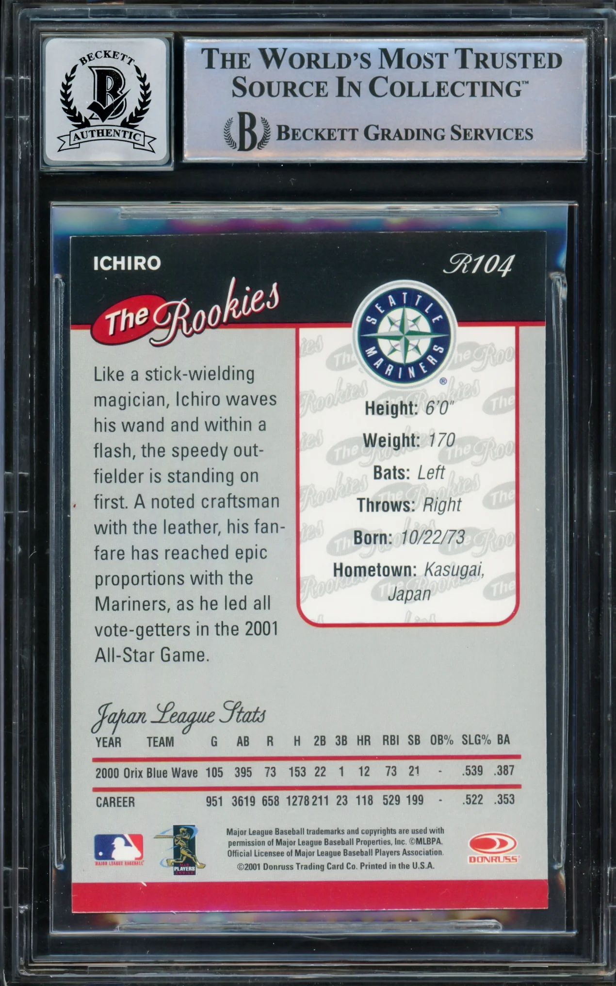 Ichiro Suzuki Autographed 2001 Donruss Rookies Rookie Card #R104 Seattle Mariners Auto Grade Gem Mint 10 Beckett BAS #15093561 - Image 2