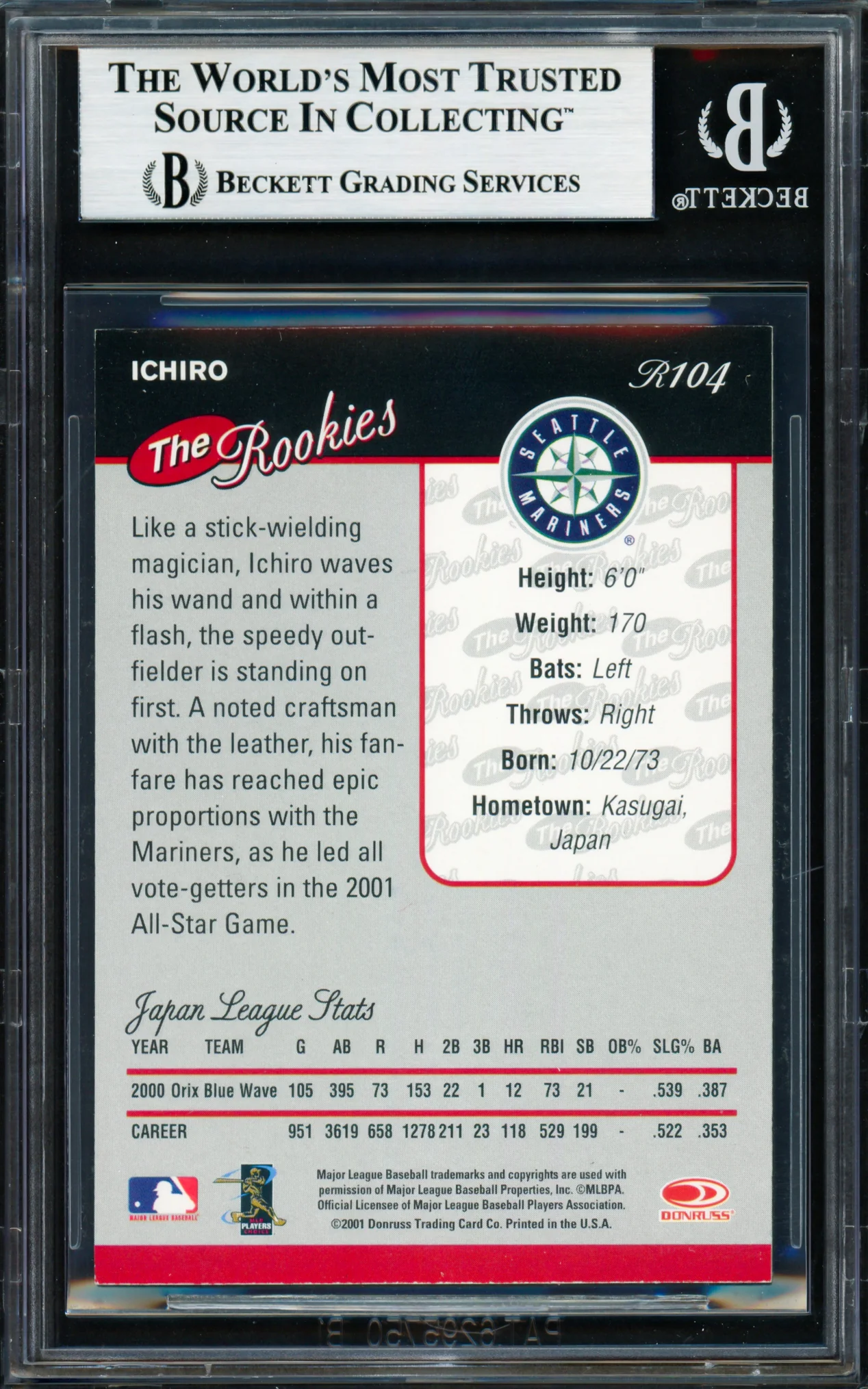 Ichiro Suzuki Autographed 2001 Donruss The Rookies Rookie Card #R104 Seattle Mariners Beckett BAS #18283563 - Image 2