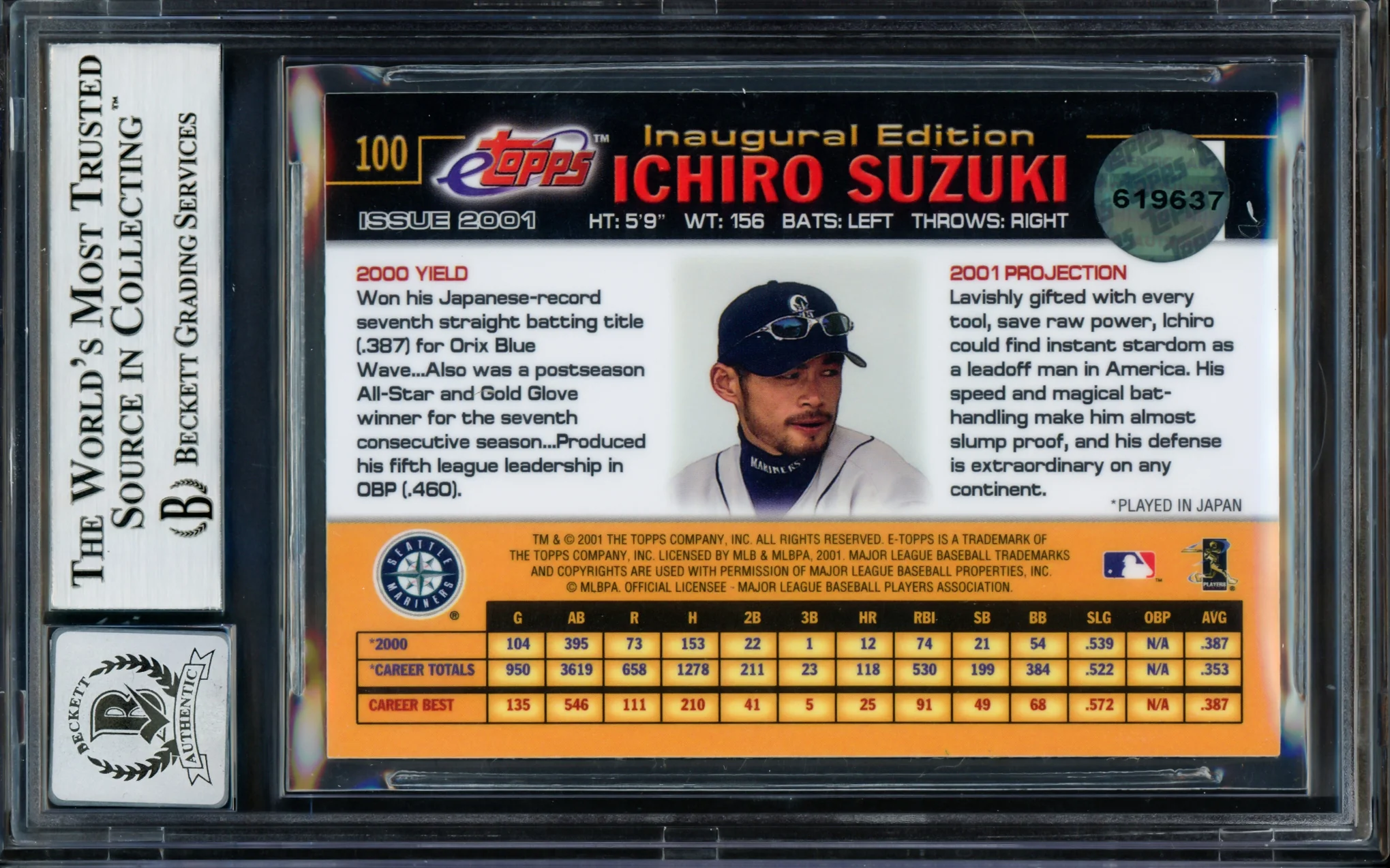 Ichiro Suzuki Autographed 2001 eTopps Rookie Card #100 Seattle Mariners Auto Grade Gem Mint 10 01 ROY/MVP Beckett BAS #14129125 - Image 4