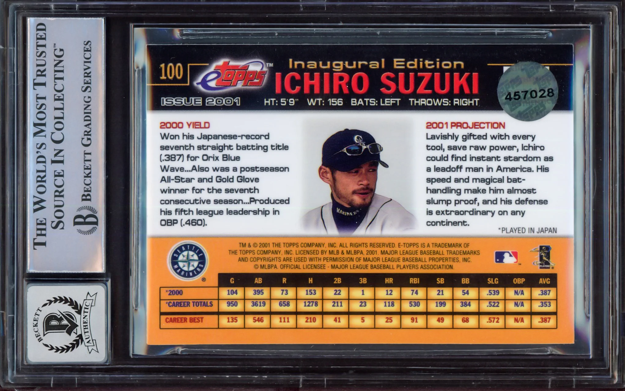 Ichiro Suzuki Autographed 2001 eTopps Rookie Card #100 Seattle Mariners Auto Grade Gem Mint 10 "01 ROY/MVP" Beckett BAS Stock #214683 - Image 2
