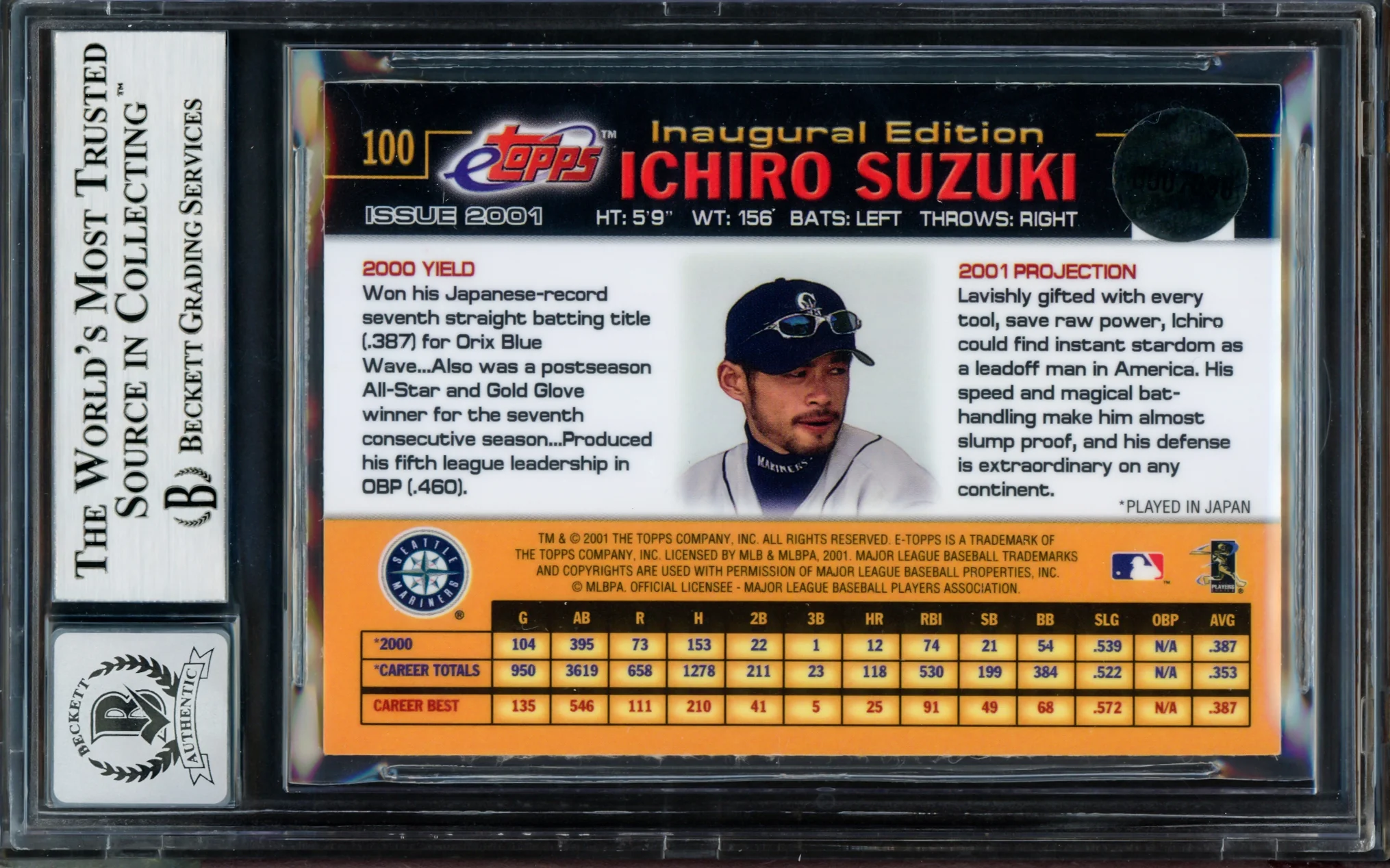 Ichiro Suzuki Autographed 2001 eTopps Rookie Card #100 Seattle Mariners Auto Grade Gem Mint 10 Beckett BAS #14129126 - Image 4