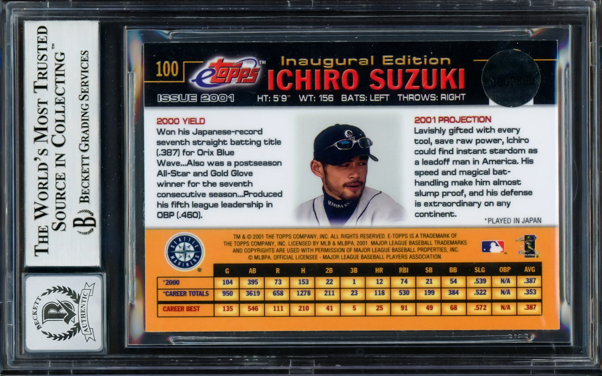 Ichiro Suzuki Autographed 2001 eTopps Rookie Card #100 Seattle Mariners Auto Grade Gem Mint 10 Beckett BAS #14129128 - Image 4