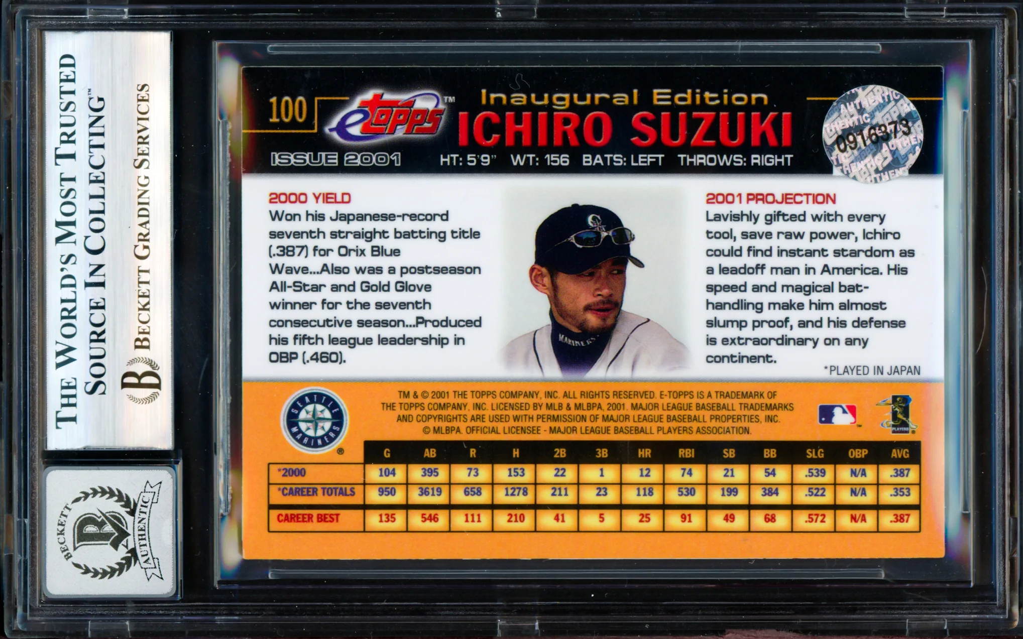 Ichiro Suzuki Autographed 2001 eTopps Rookie Card #100 Seattle Mariners Auto Grade Gem Mint 10 Beckett BAS #19823424 - Image 2