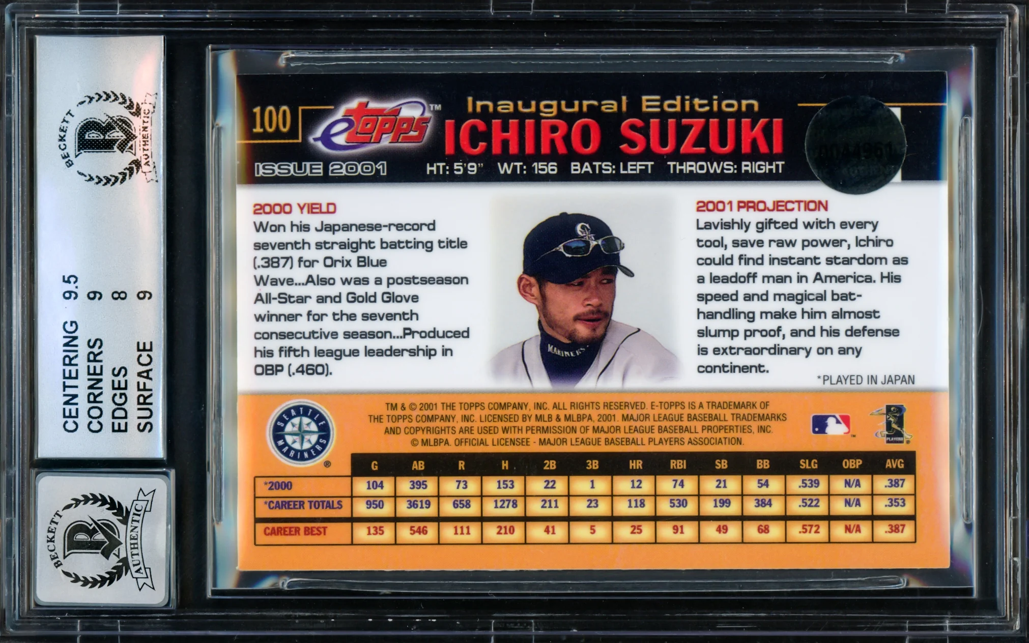 Ichiro Suzuki Autographed 2001 eTopps Rookie Card #100 Seattle Mariners BGS 8.5 Auto Grade Gem Mint 10 Beckett BAS Stock #216434 - Image 2