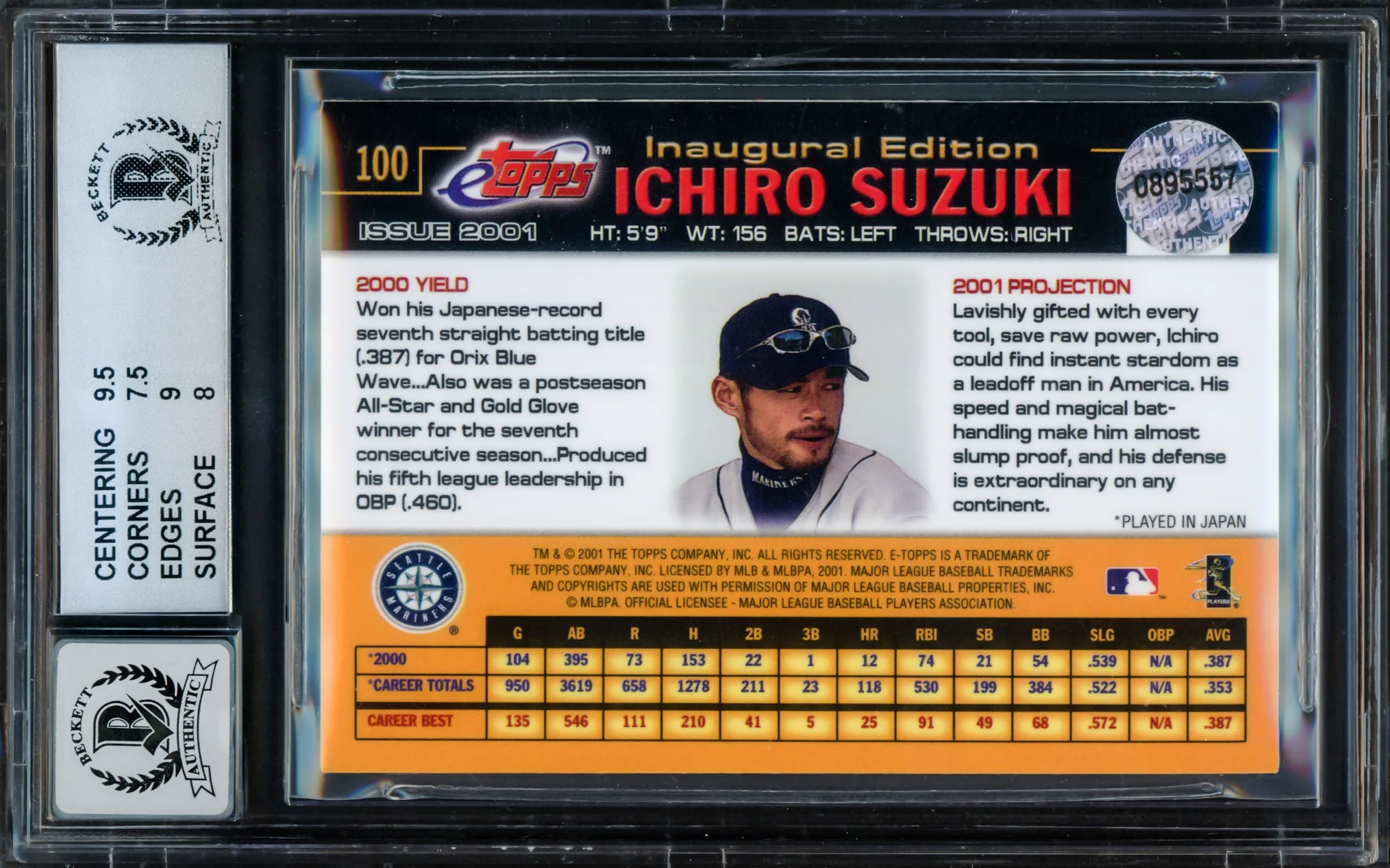 Ichiro Suzuki Autographed 2001 eTopps Rookie Card #100 Seattle Mariners BGS 8 Auto Grade Gem Mint 10 Beckett BAS #15681956 - Image 2