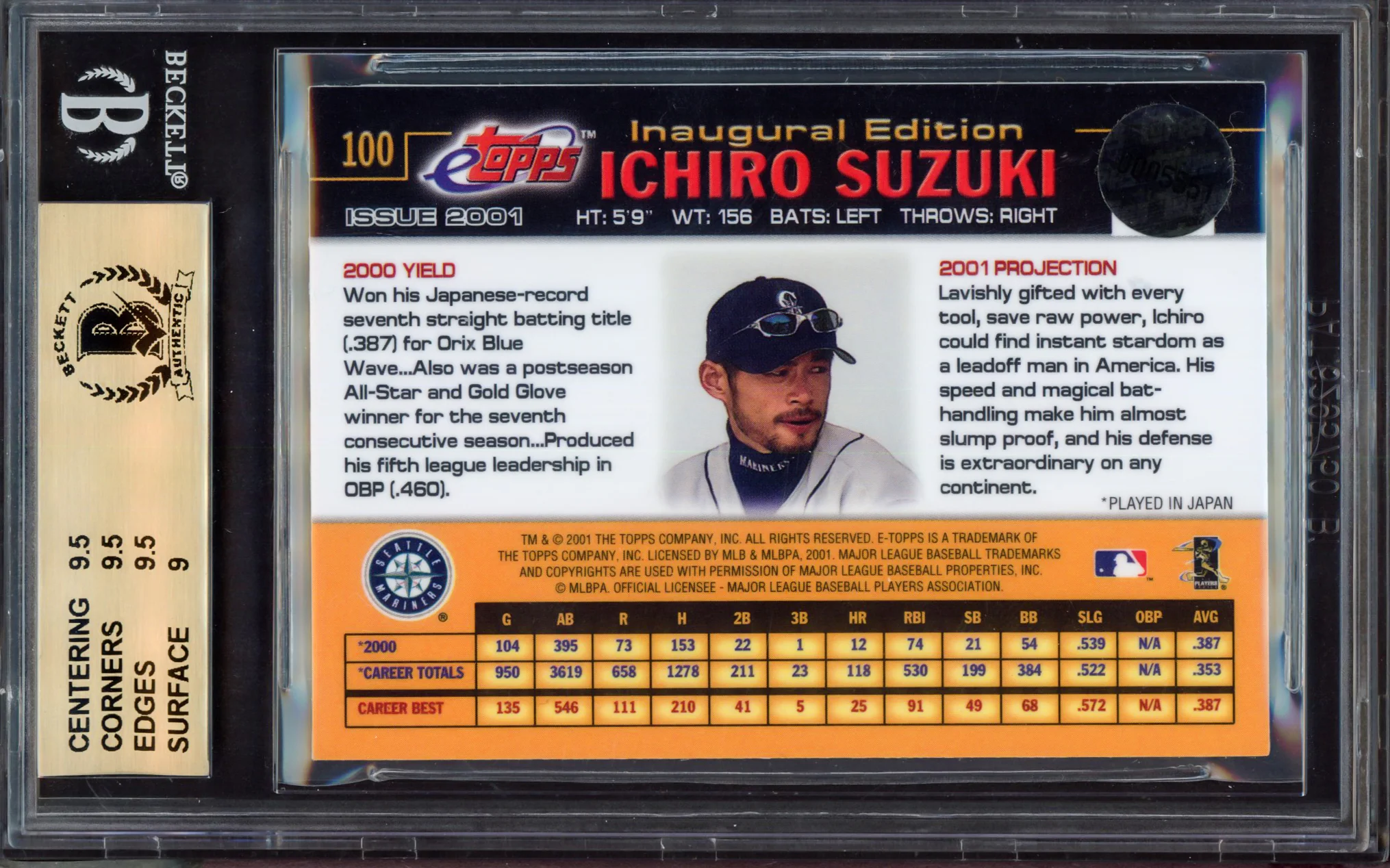 Ichiro Suzuki Autographed 2001 eTopps Rookie Card #100 Seattle Mariners BGS 9.5 "01 AL MVP 01 AL ROY" Highest Graded Beckett BAS #15465317 - Image 2