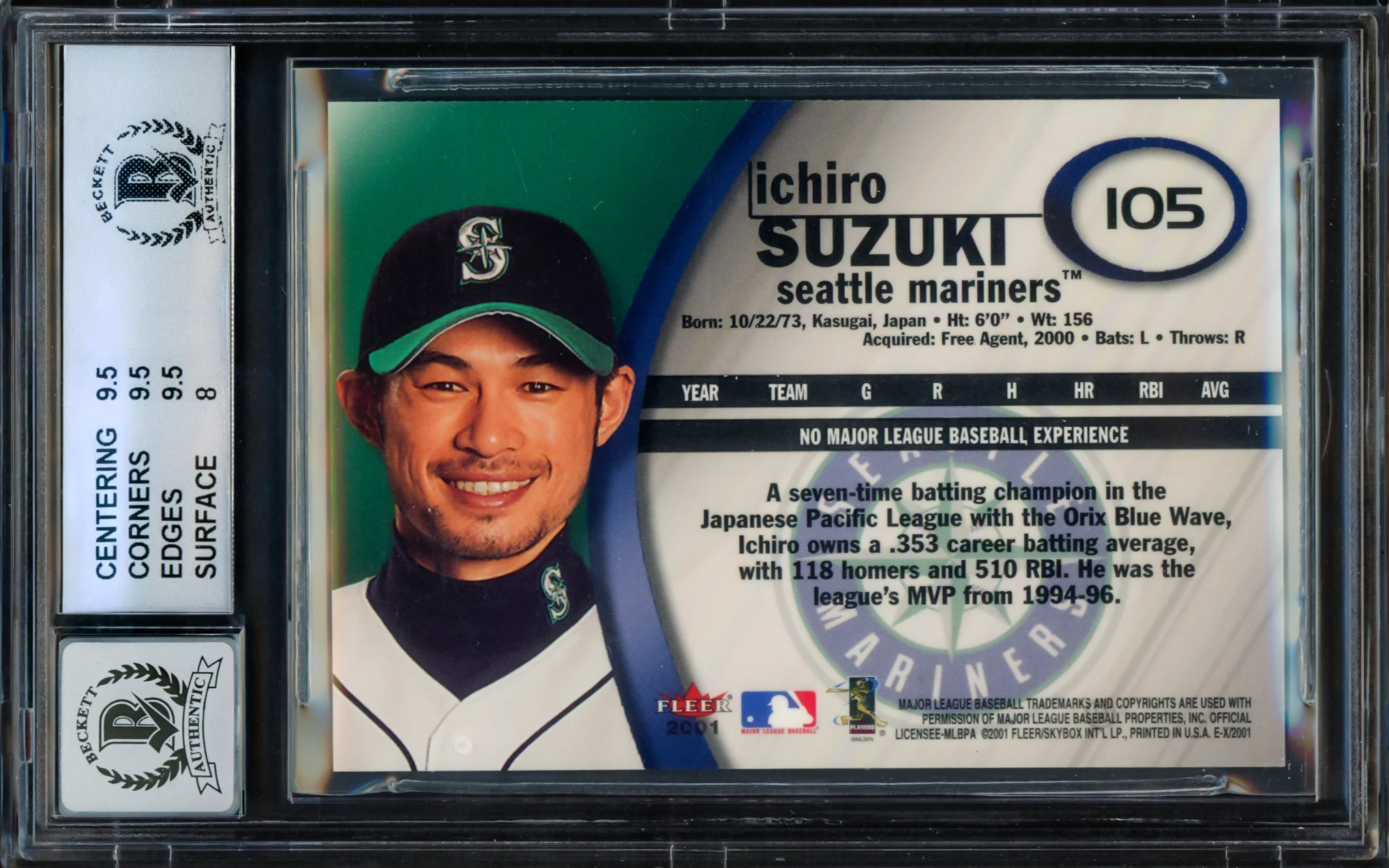 Ichiro Suzuki Autographed 2001 Fleer E-X Rookie Card #105 Seattle Mariners BGS 9 Auto Grade Gem Mint 10 "01 ROY/MVP" Beckett BAS #15681695 - Image 2