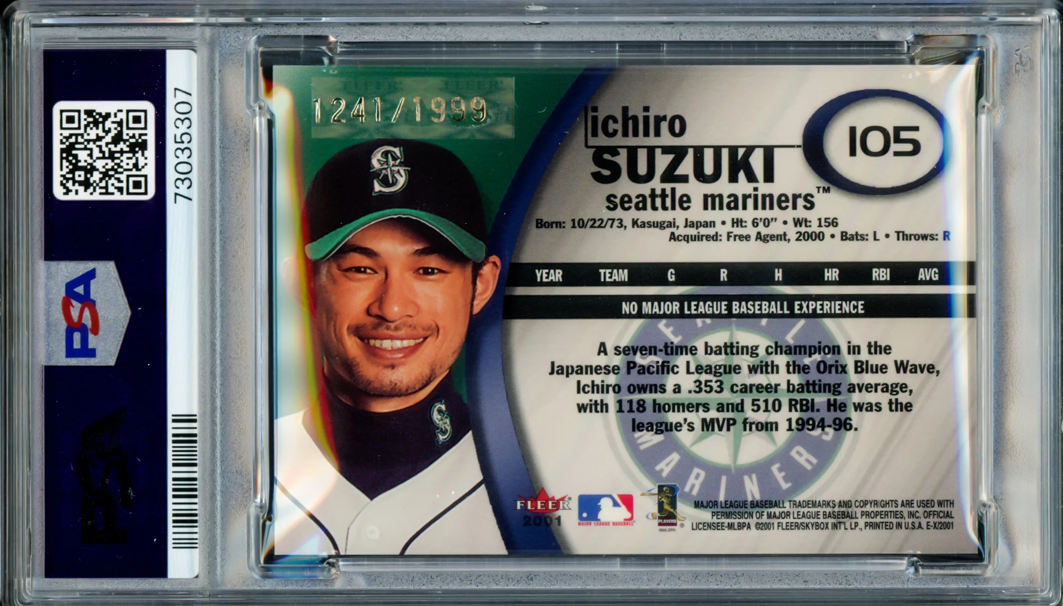Ichiro Suzuki Autographed 2001 Fleer E-X Rookie Card #105 Seattle Mariners PSA 8 Auto Grade Gem Mint 10 "01 ROY/MVP" #1241/1999 PSA/DNA #73035307 - Image 2