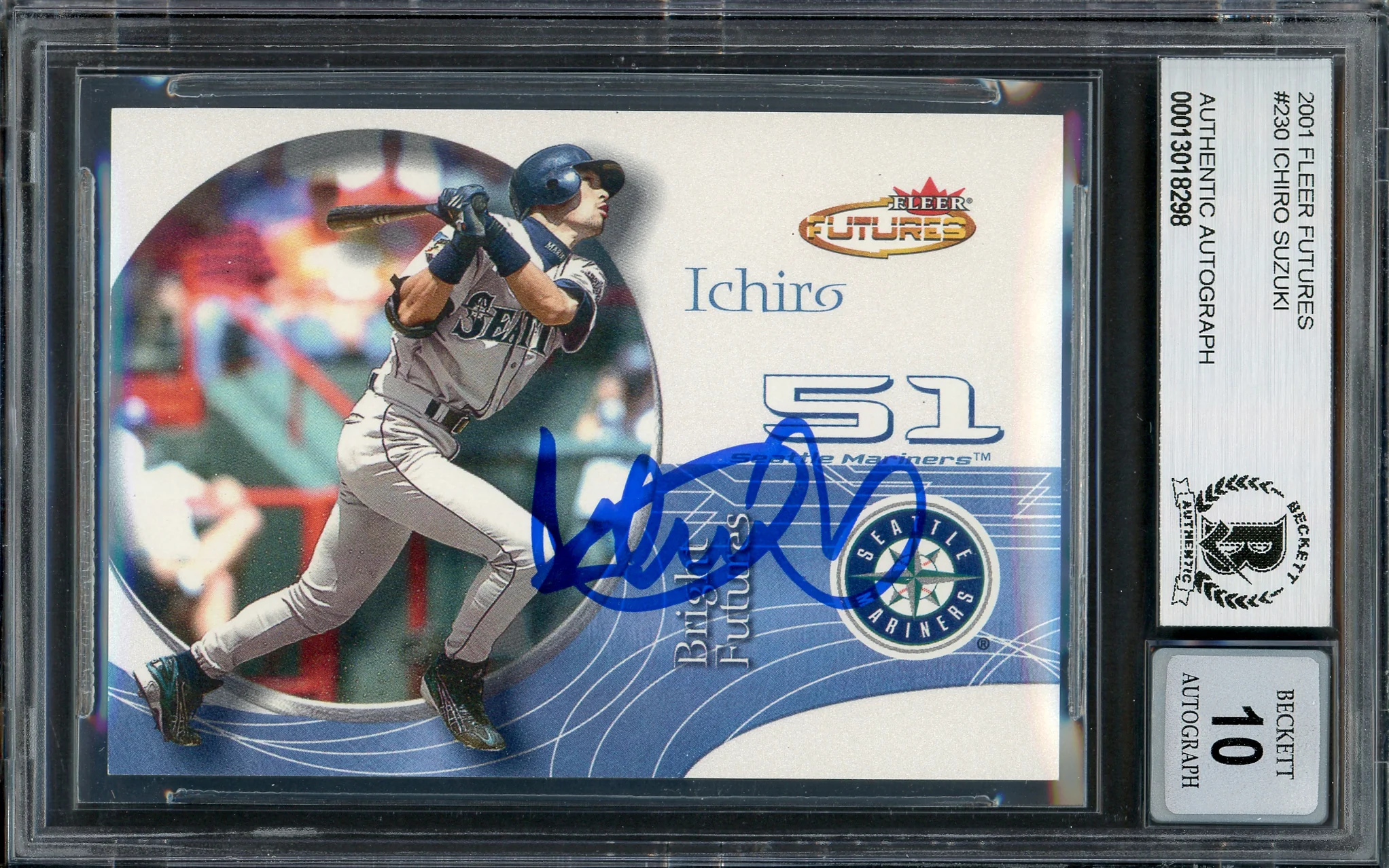 Ichiro Suzuki Autographed 2001 Fleer Futures Rookie Card #230 Seattle Mariners Auto Grade Gem Mint 10 #1698/2499 Beckett BAS #13018298