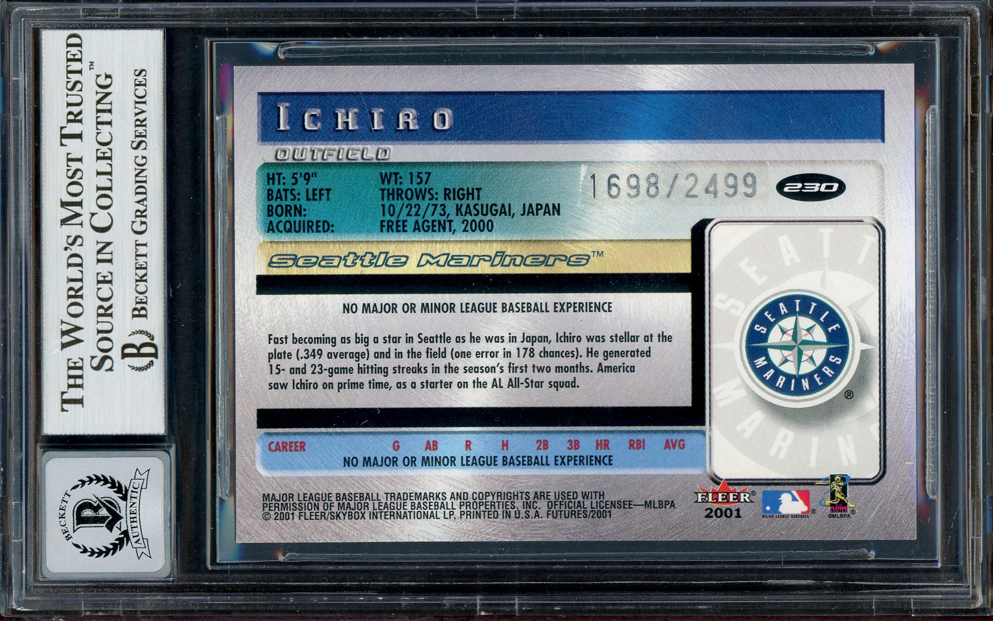 Ichiro Suzuki Autographed 2001 Fleer Futures Rookie Card #230 Seattle Mariners Auto Grade Gem Mint 10 #1698/2499 Beckett BAS #13018298 - Image 2