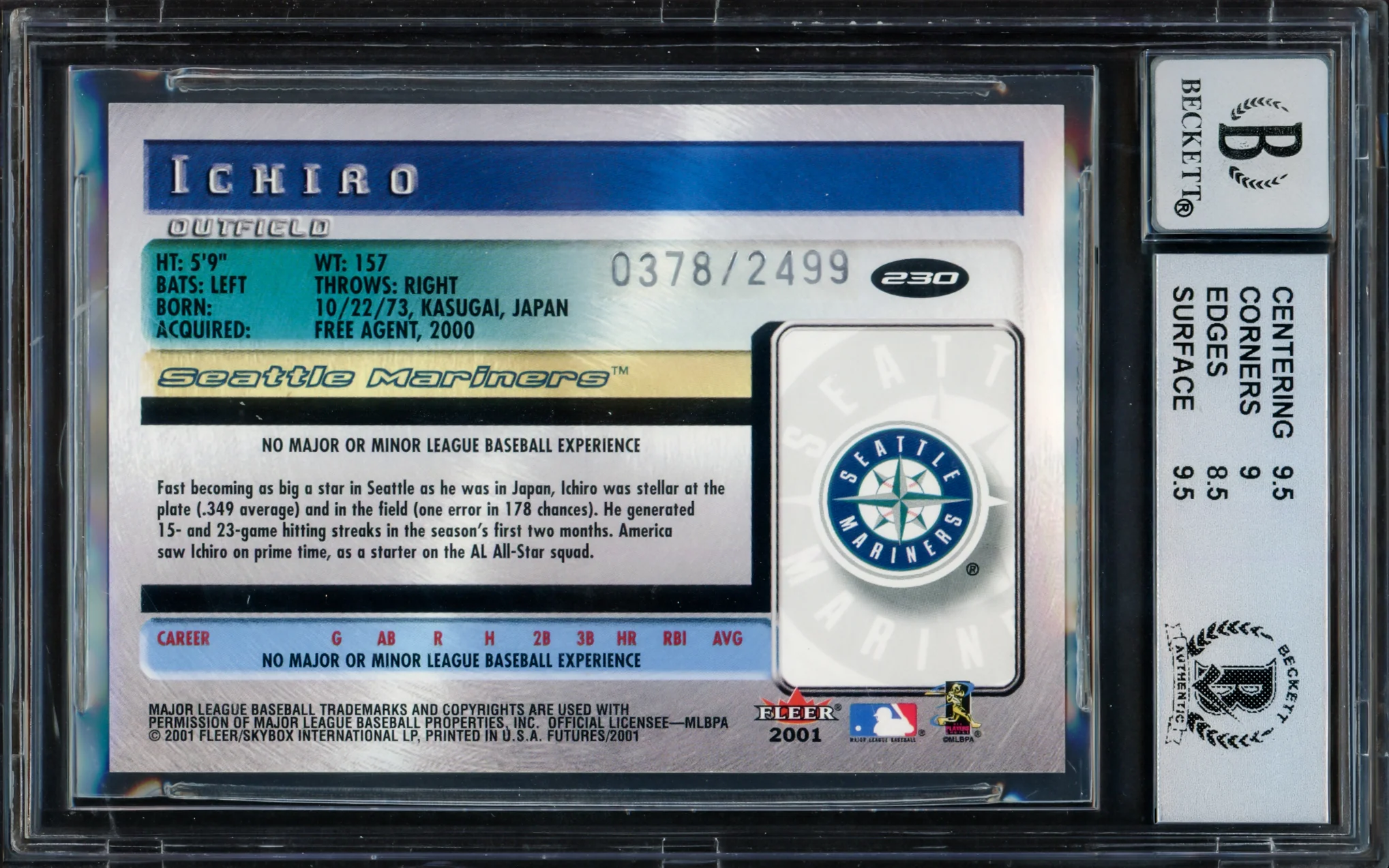 Ichiro Suzuki Autographed 2001 Fleer Futures Rookie Card #230 Seattle Mariners BGS 9 Auto Grade Gem Mint 10 #378/2499 Beckett BAS #15681280 - Image 2