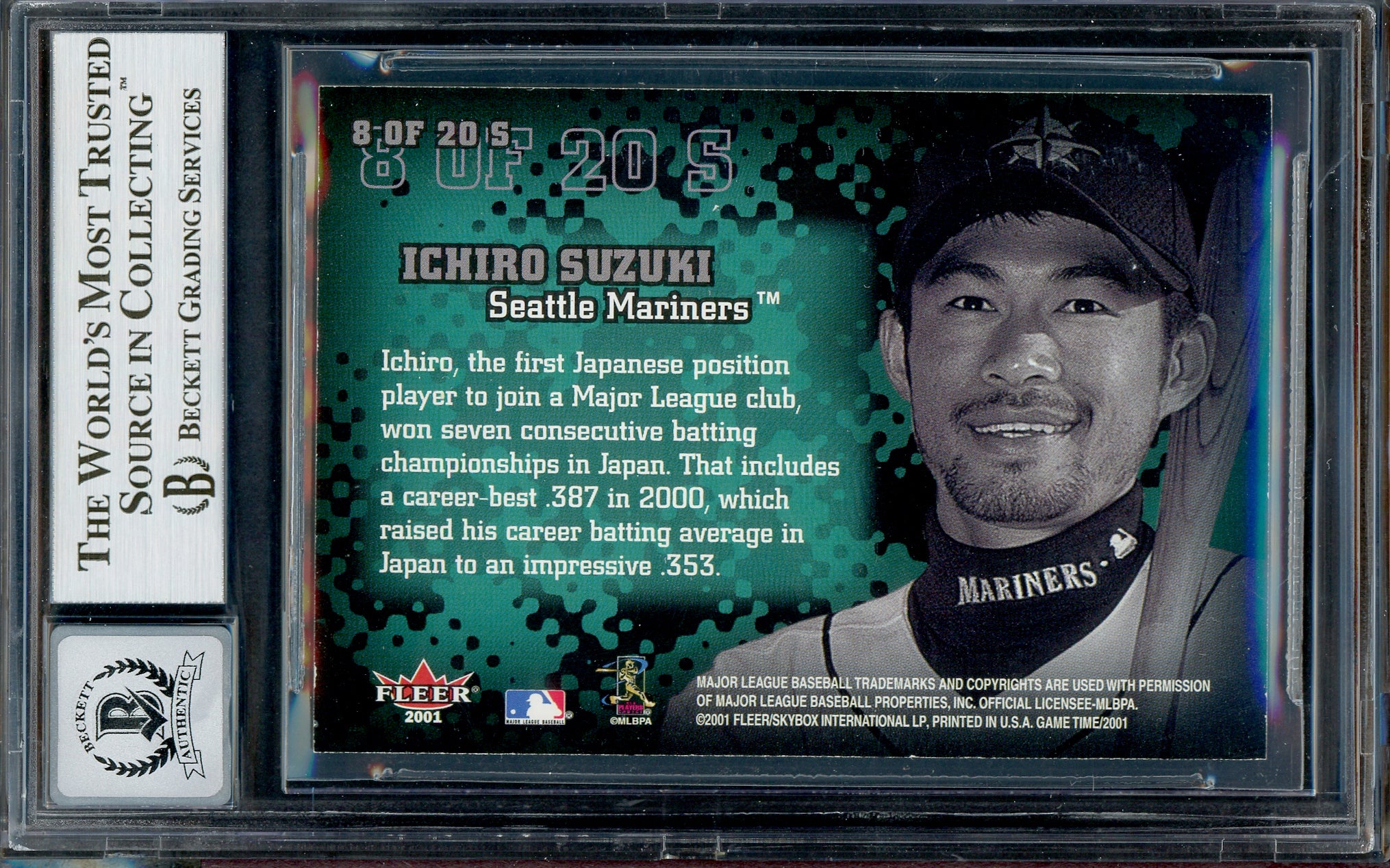 Ichiro Suzuki Autographed 2001 Fleer Game Time Stick To It Ness Rookie Card #8 Seattle Mariners Auto Grade Gem Mint 10 Beckett BAS #13018299 - Image 2