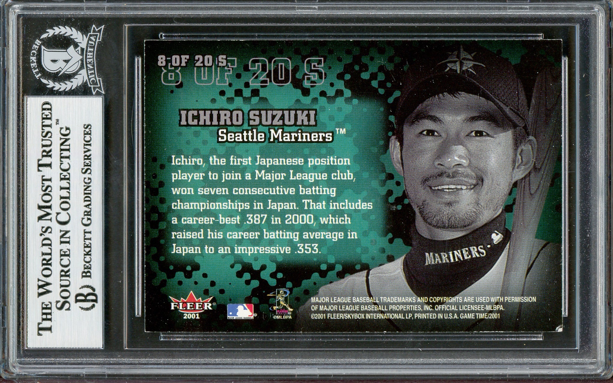 Ichiro Suzuki Autographed 2001 Fleer Game Time Sticktoitness Rookie Card #8 Seattle Mariners Beckett BAS Stock #194177 - Image 2