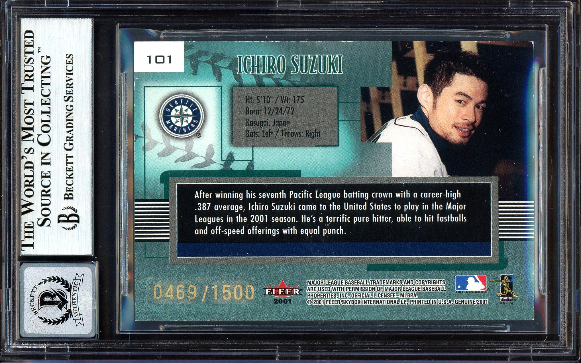 Ichiro Suzuki Autographed 2001 Fleer Genuine Rookie Card #101 Seattle Mariners Auto Grade Gem Mint 10 #469/1500 Beckett BAS #13604639 - Image 2