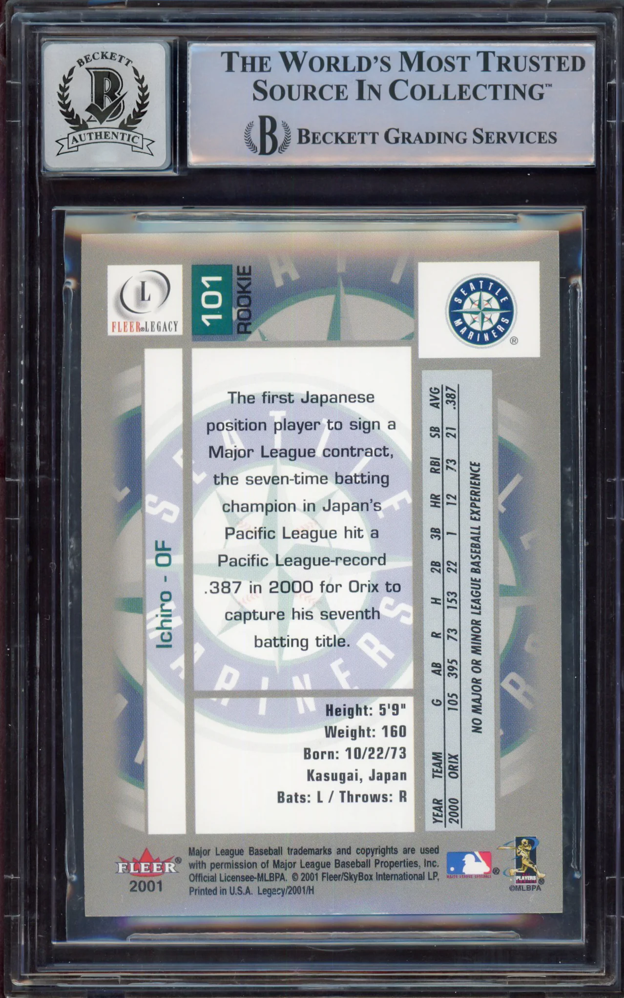 Ichiro Suzuki Autographed 2001 Fleer Legacy Rookie Card #101 Seattle Mariners Auto Grade Gem Mint 10 #104/799 Beckett BAS #15497792 - Image 2