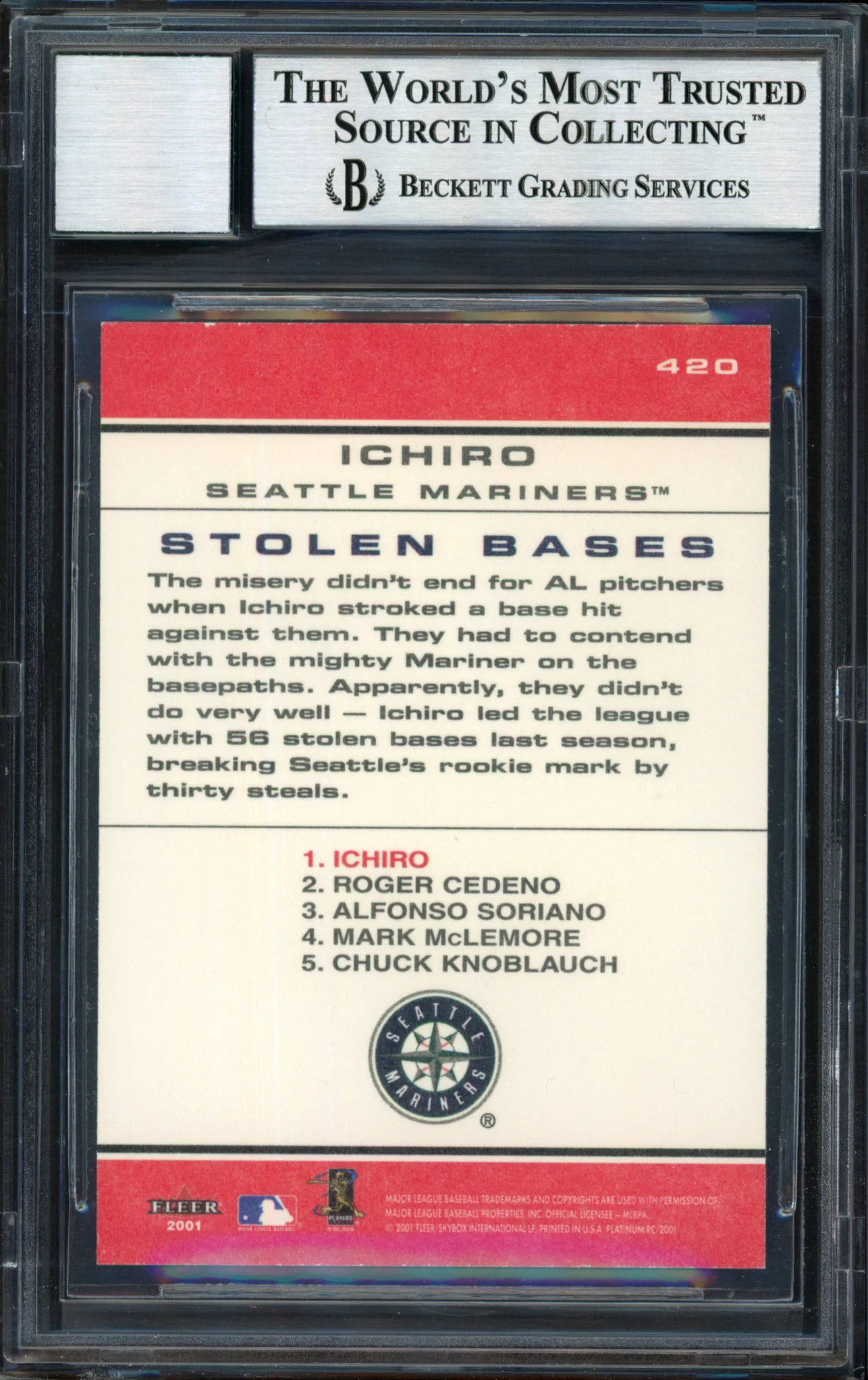 Ichiro Suzuki Autographed 2001 Fleer Platinum Chart Toppers Rookie Card #420 Seattle Mariners Auto Grade 10 Beckett BAS #12490890 - Image 2