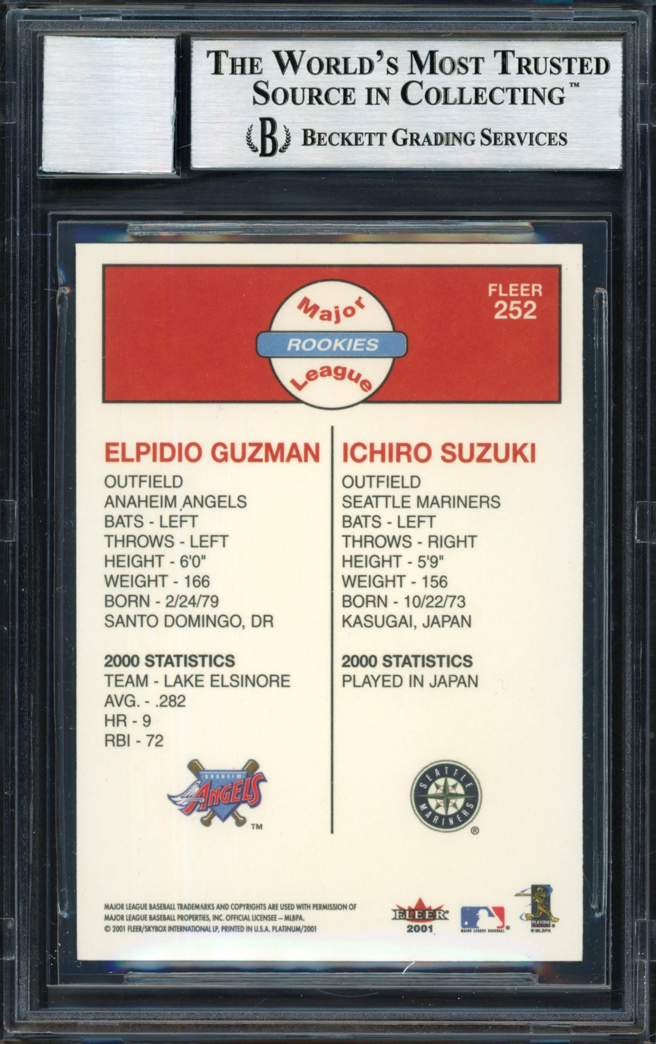Ichiro Suzuki Autographed 2001 Fleer Platinum Rookie Card #252 Seattle Mariners Auto Grade 10 Beckett BAS #12490649 - Image 2