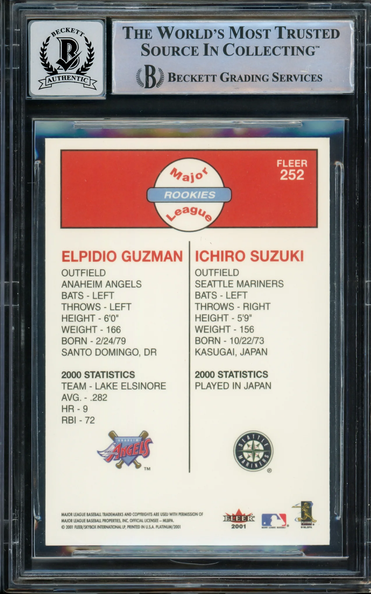 Ichiro Suzuki Autographed 2001 Fleer Platinum Rookie Card #252 Seattle Mariners Auto Grade Gem Mint 10 Beckett BAS Stock #211054 - Image 2