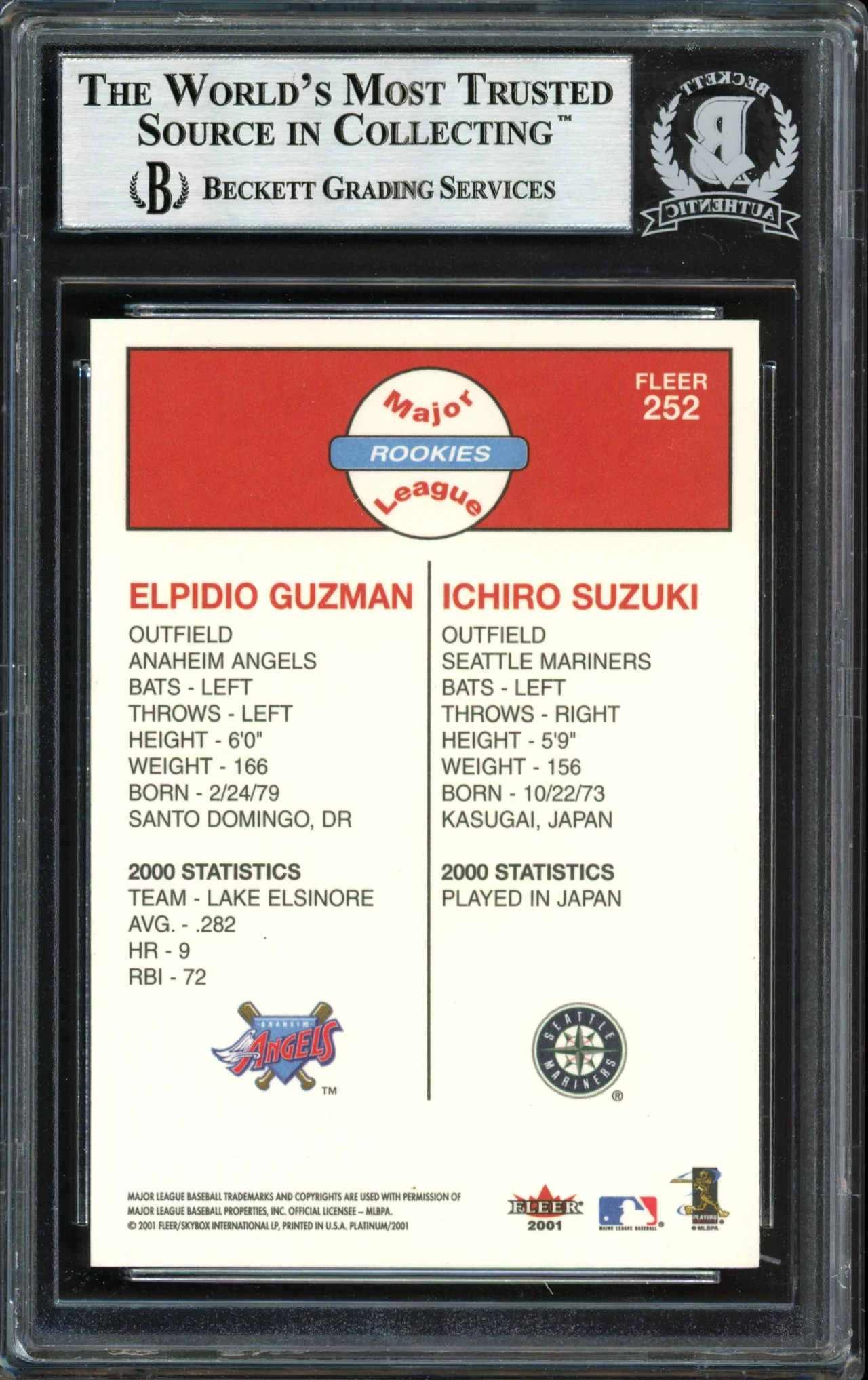 Ichiro Suzuki Autographed 2001 Fleer Platinum Rookie Card #252 Seattle Mariners Beckett BAS #12491570 - Image 2