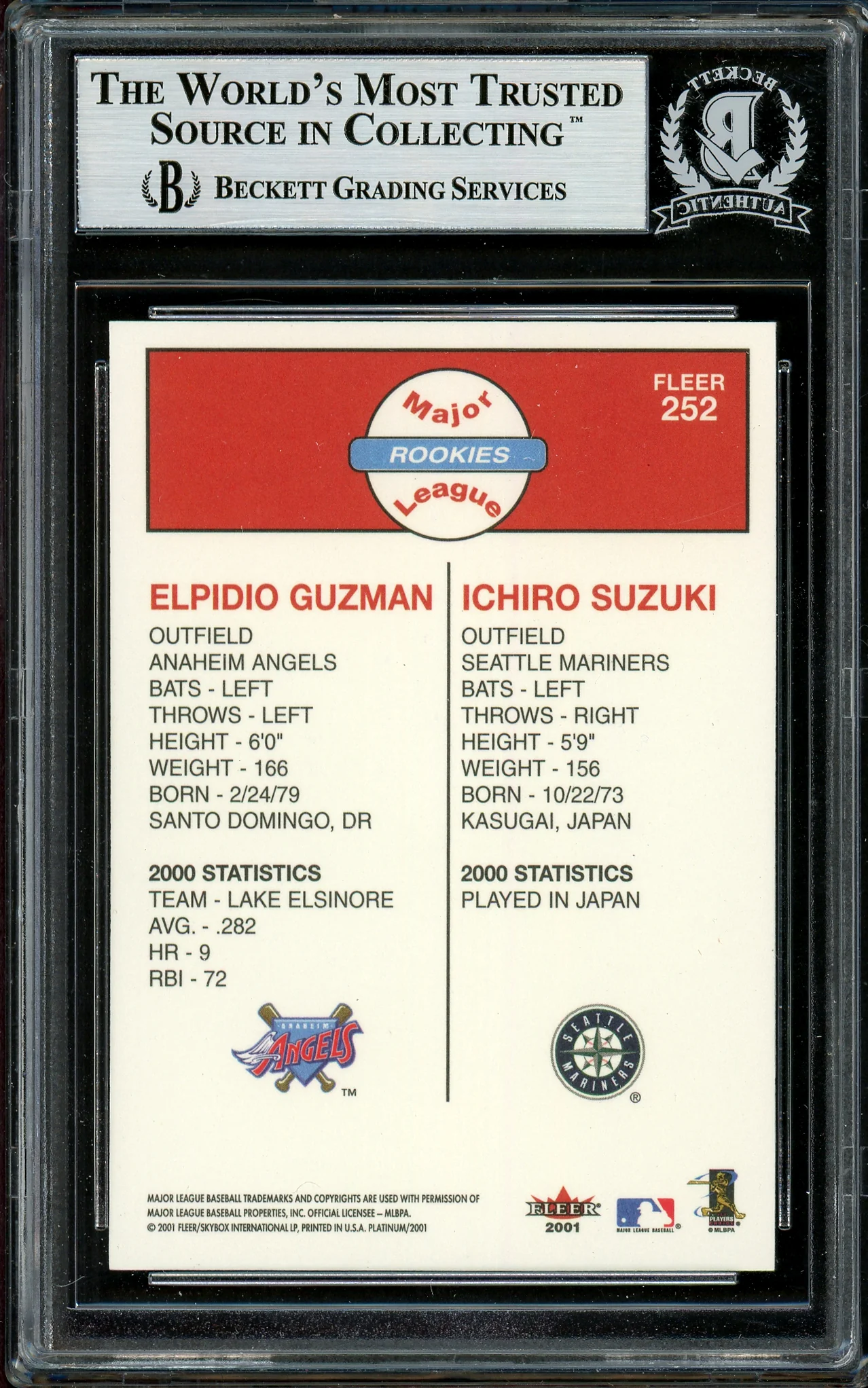 Ichiro Suzuki Autographed 2001 Fleer Platinum Rookie Card #252 Seattle Mariners Beckett BAS #12783690 - Image 2