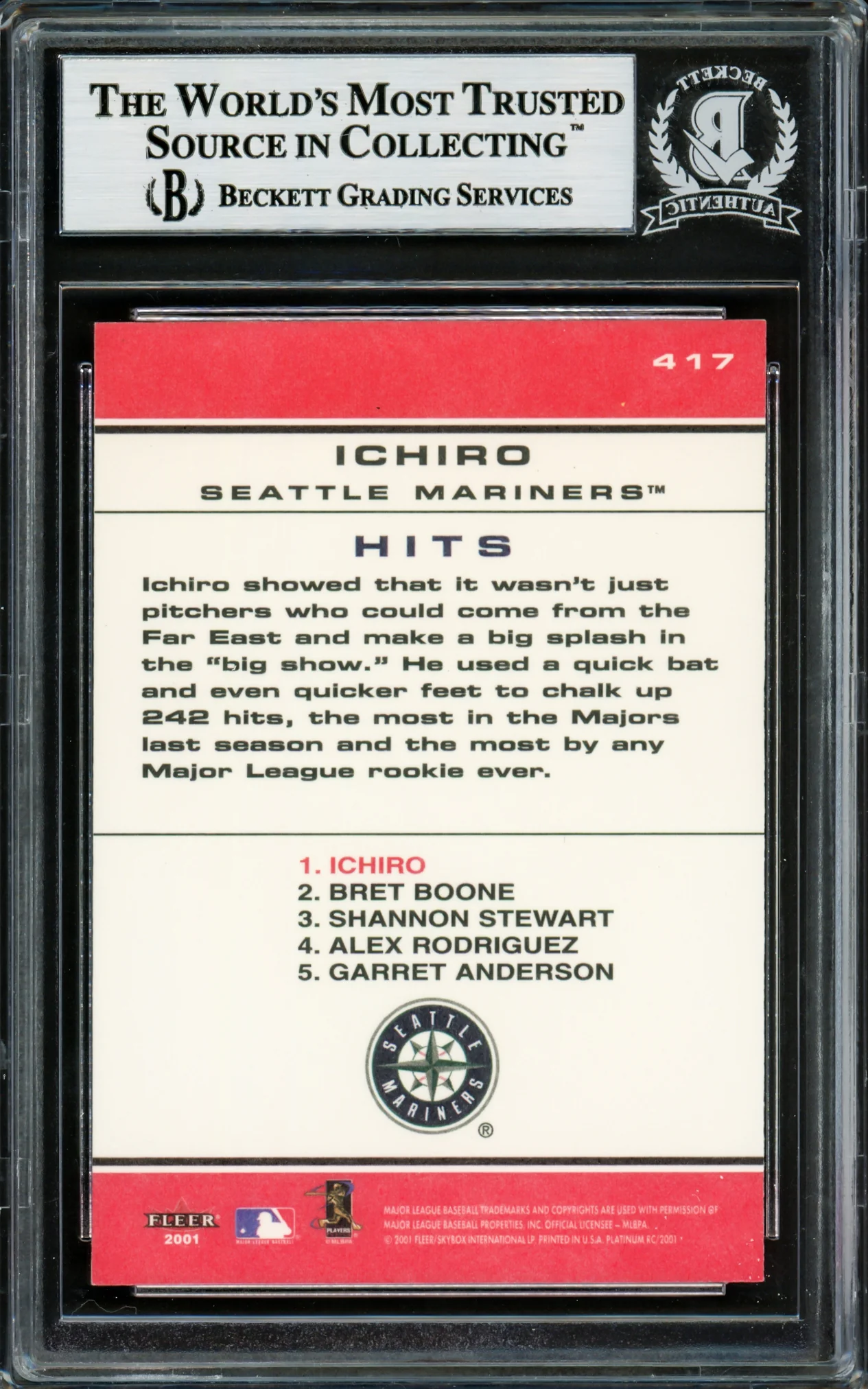 Ichiro Suzuki Autographed 2001 Fleer Platinum Rookie Card #417 Seattle Mariners Beckett BAS Stock #220238 - Image 2
