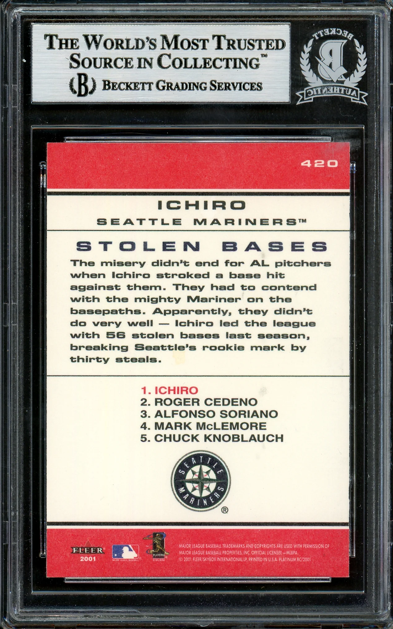 Ichiro Suzuki Autographed 2001 Fleer Platinum Rookie Card #420 Seattle Mariners Beckett BAS #12785160 - Image 2