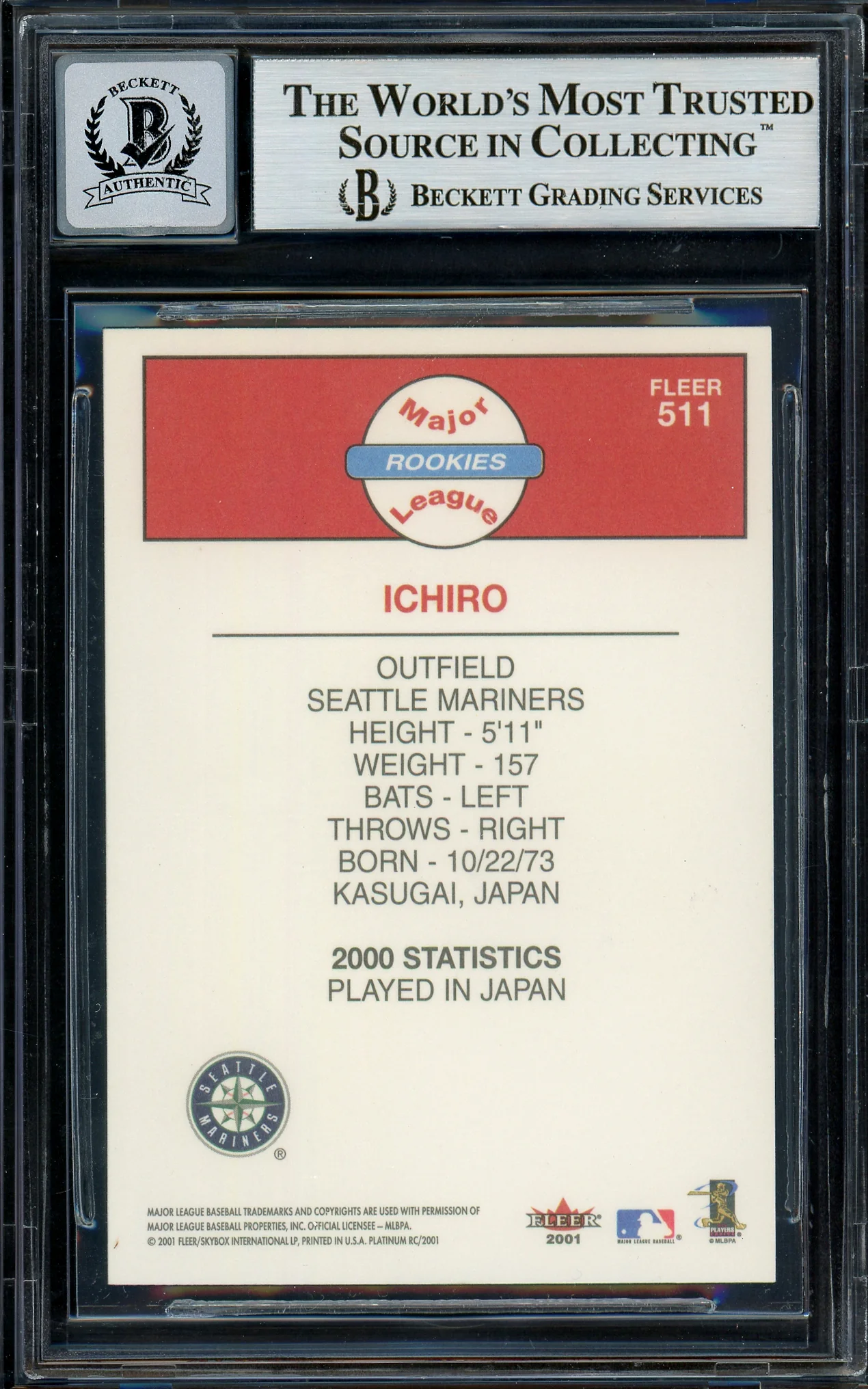 Ichiro Suzuki Autographed 2001 Fleer Platinum Rookie Card #511 Seattle Mariners Auto Grade Gem Mint 10 Beckett BAS #13018309 - Image 2