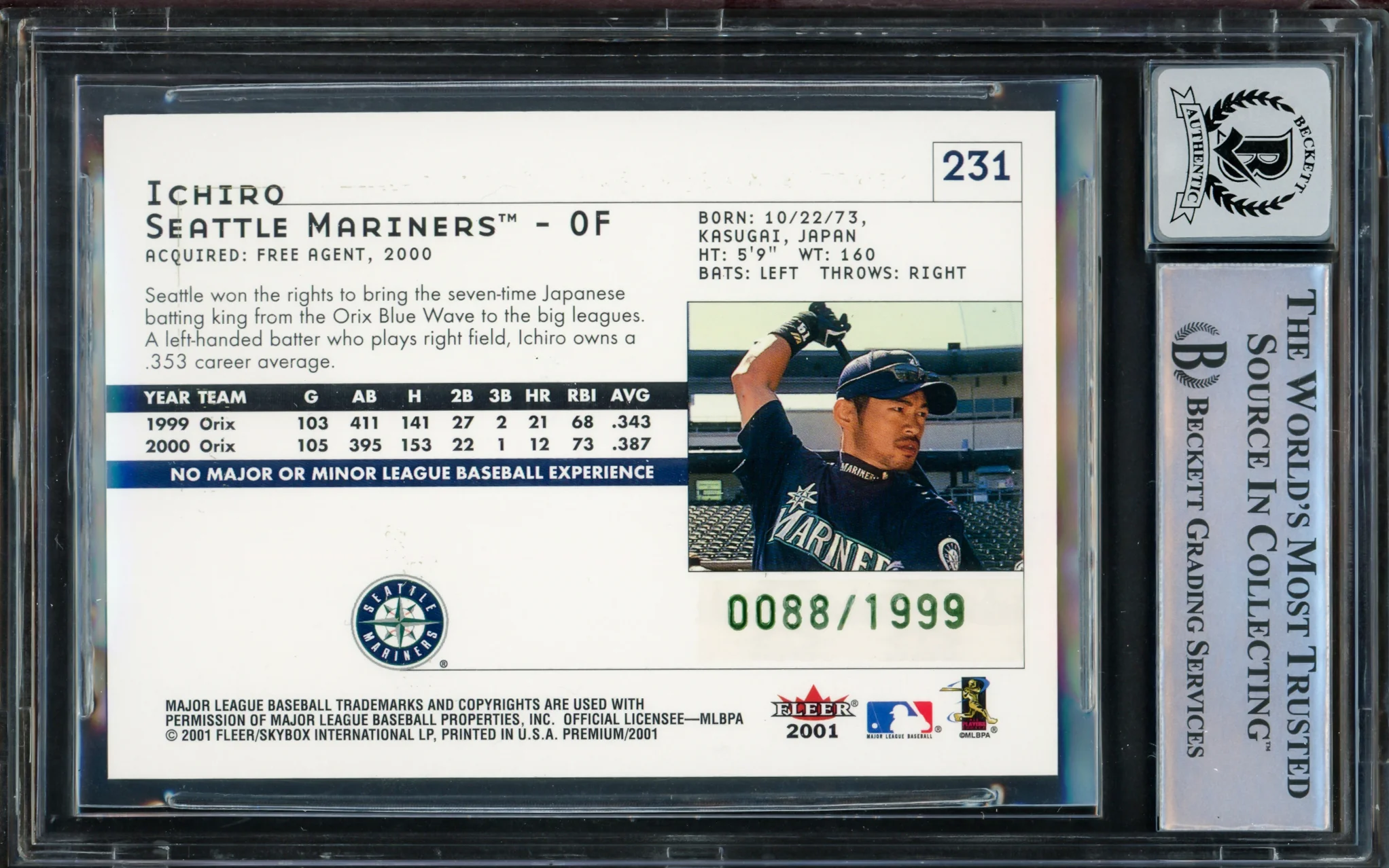 Ichiro Suzuki Autographed 2001 Fleer Premium Rookie Card #231 Seattle Mariners Auto Grade Gem Mint 10 "01 ROY/MVP" #88/1999 Beckett BAS #15093563 - Image 2