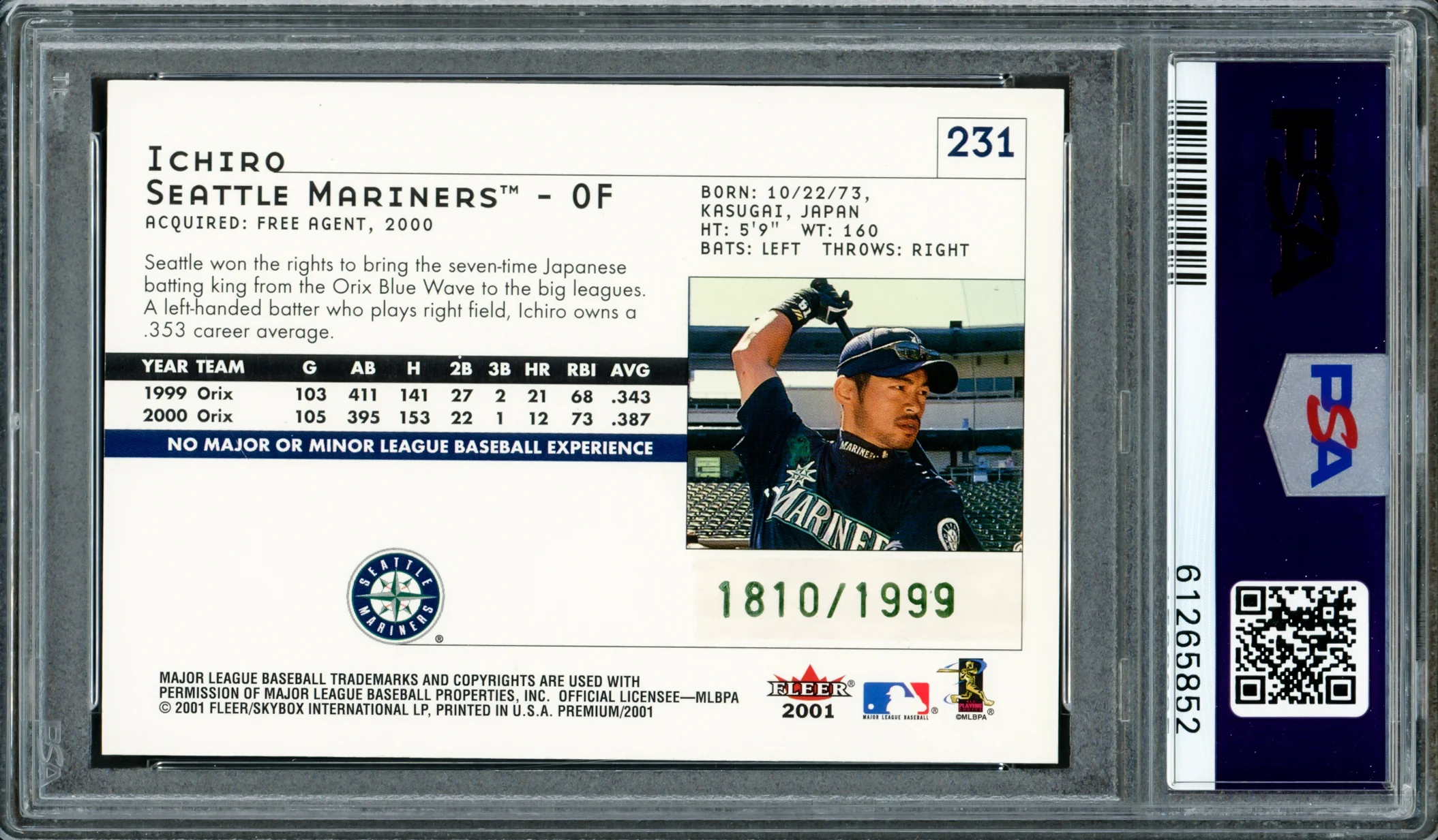 Ichiro Suzuki Autographed 2001 Fleer Premium Rookie Card #231 Seattle Mariners Auto Grade Gem Mint 10 #1810/1999 PSA/DNA #61265852 - Image 2